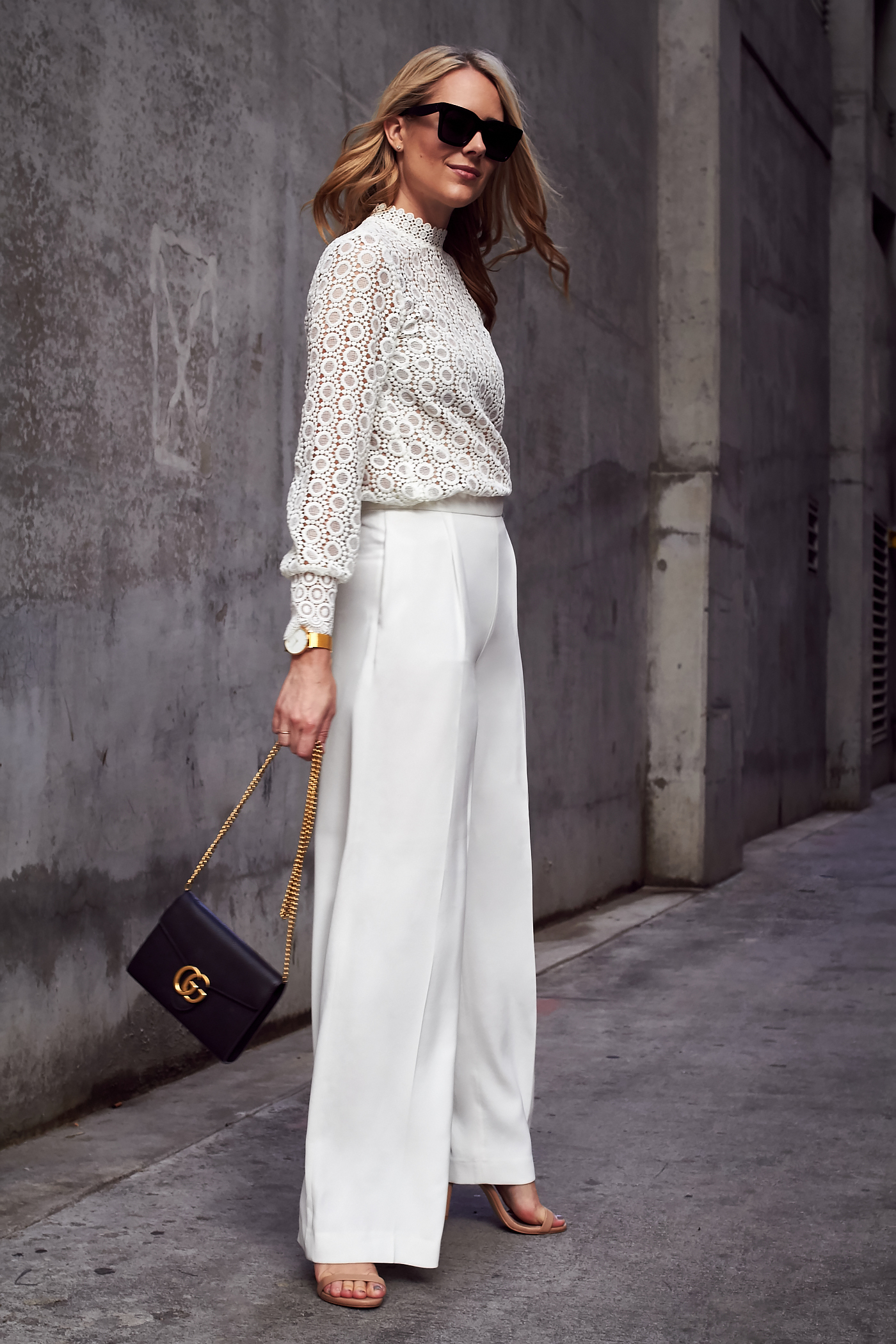 Fall/Winter Outfit, Head-to-toe-white, H&M Long Sleeve White Lace Blouse, White Wide Leg Pants, Gucci Marmont Handbag, Black Celine Sunglasses