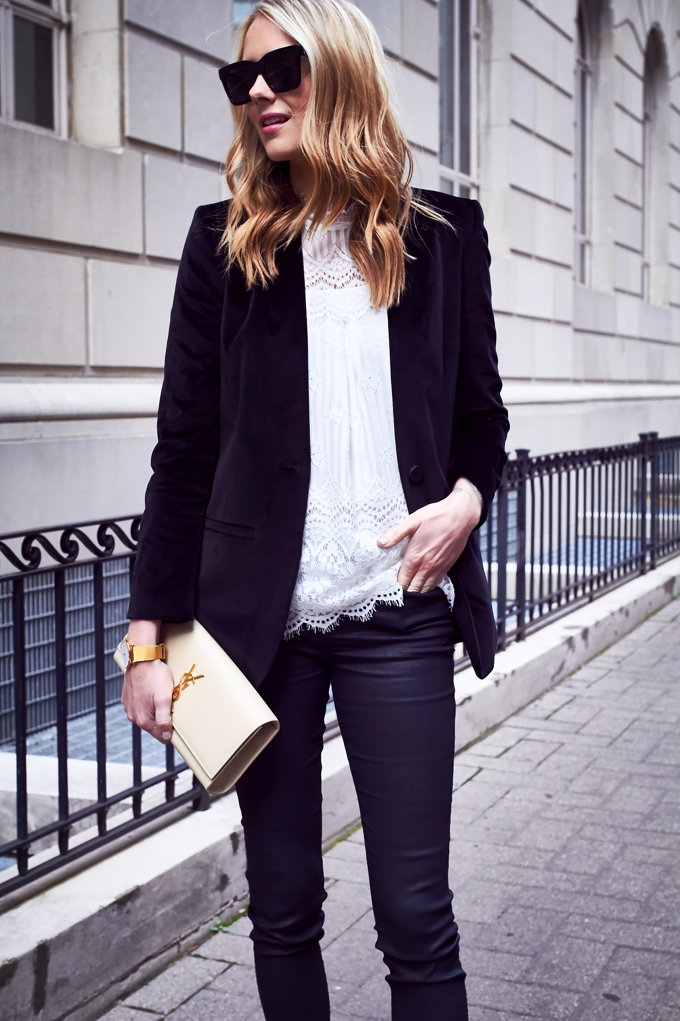 Fall Outfit, Holiday Outfit, White Lace Top, Black Velvet Blazer, Saint Laurent Clutch, Black Skinny Jeans