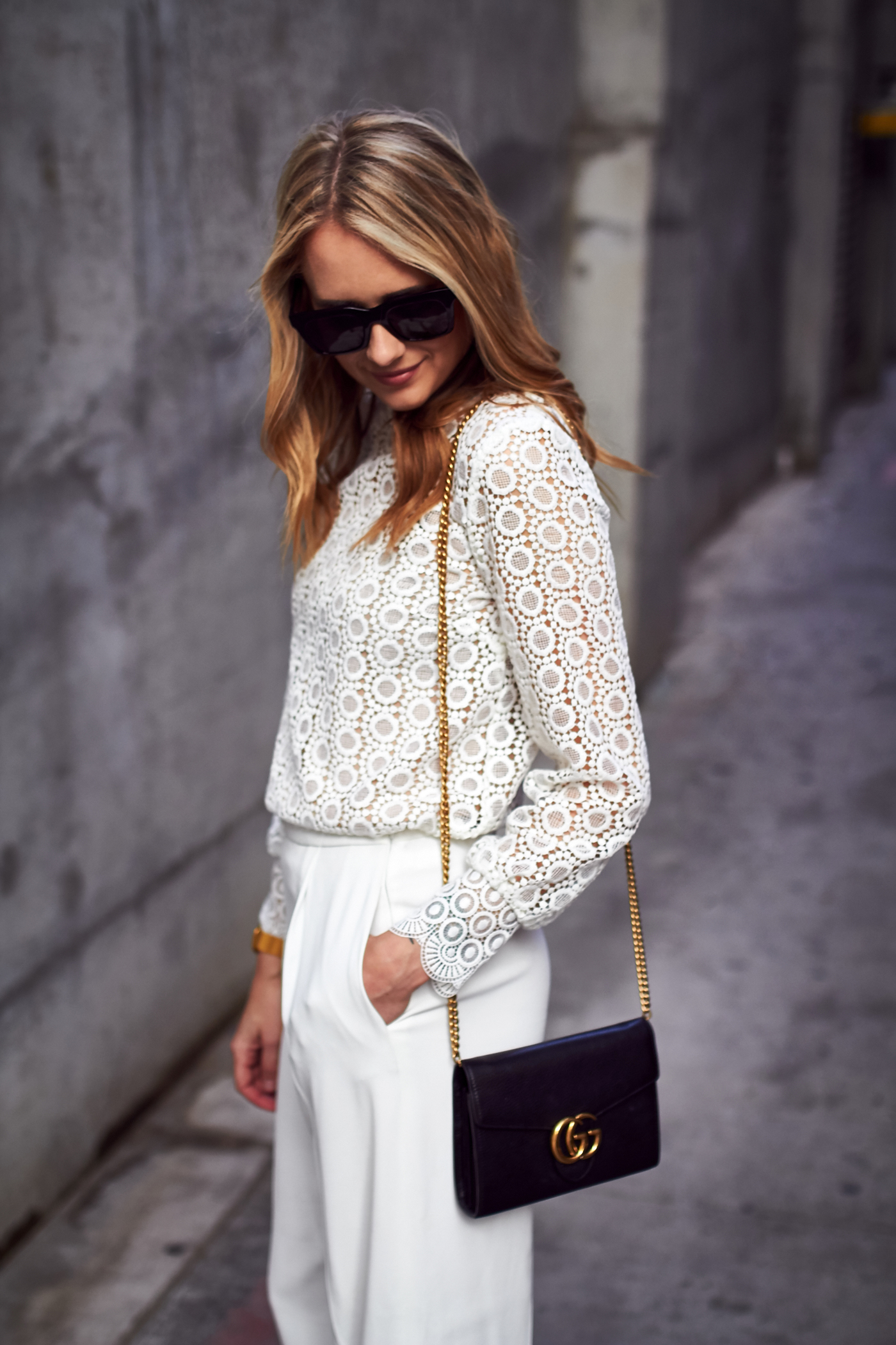 Gorgeous white lace cami top outfit paired with white Gucci bag