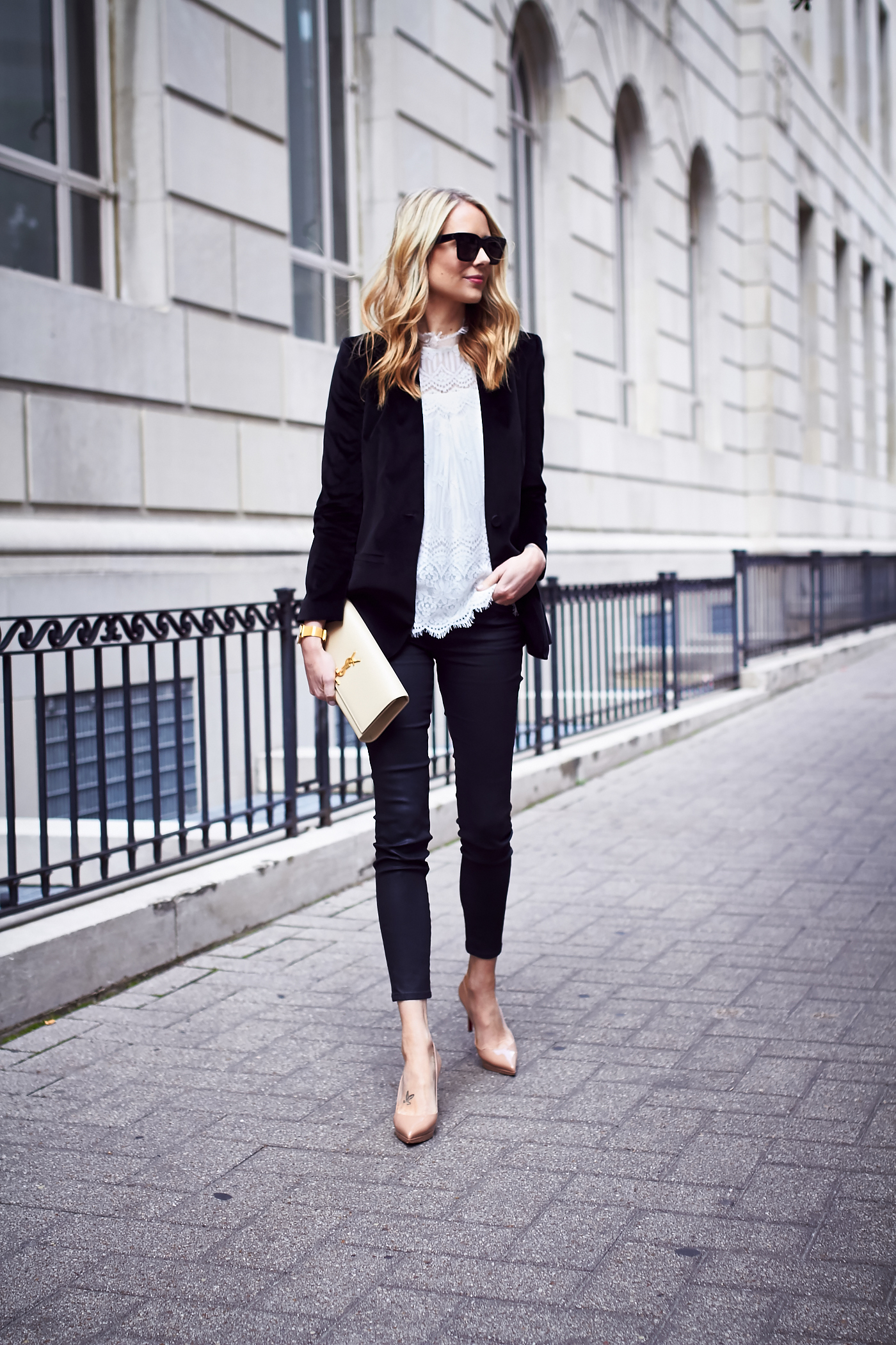 Fall Outfit, Holiday Outfit, White Lace Top, Black Velvet Blazer, Saint Laurent Clutch, Black Skinny Jeans, Nude Pumps