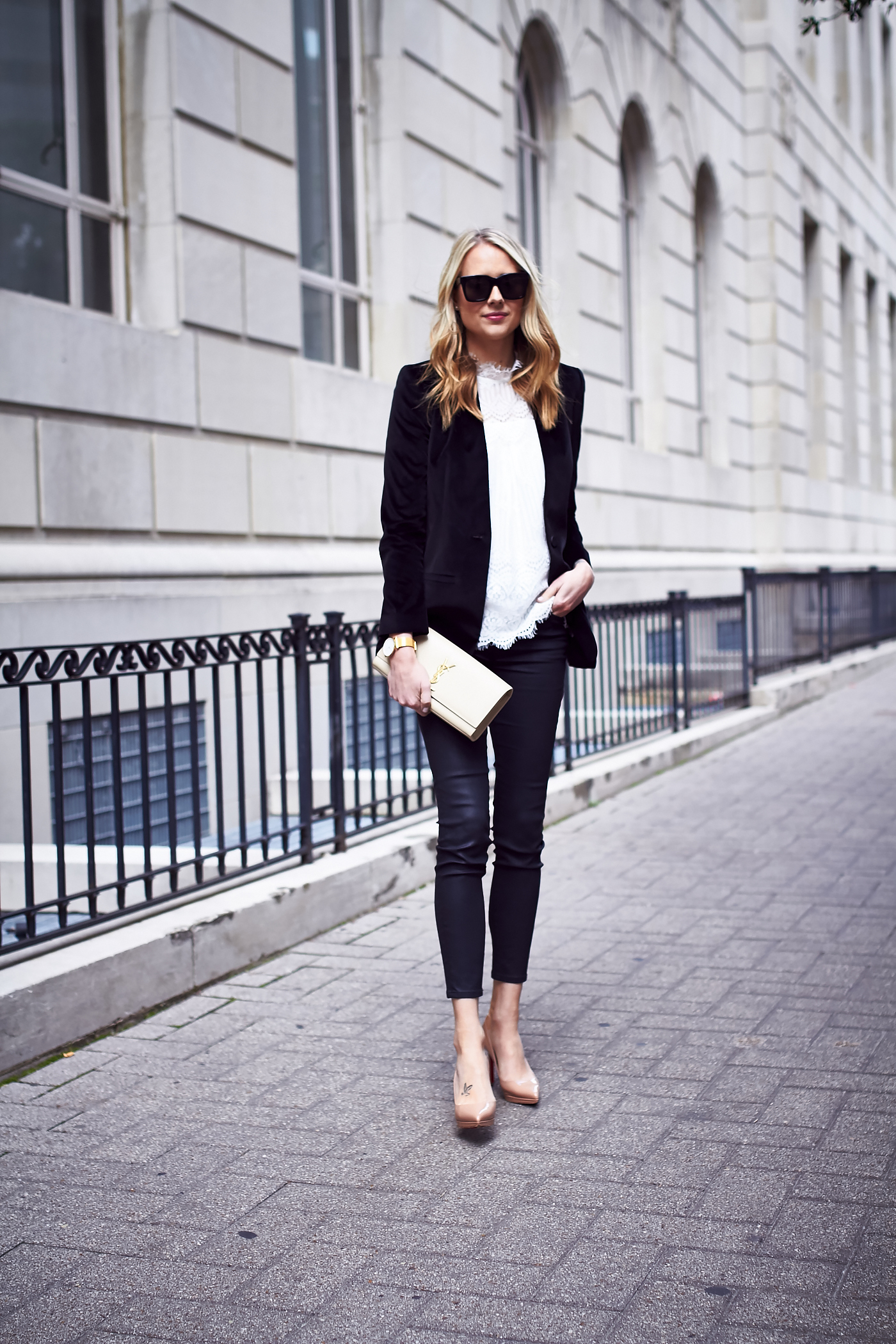 Black blazer business casual lace outfit