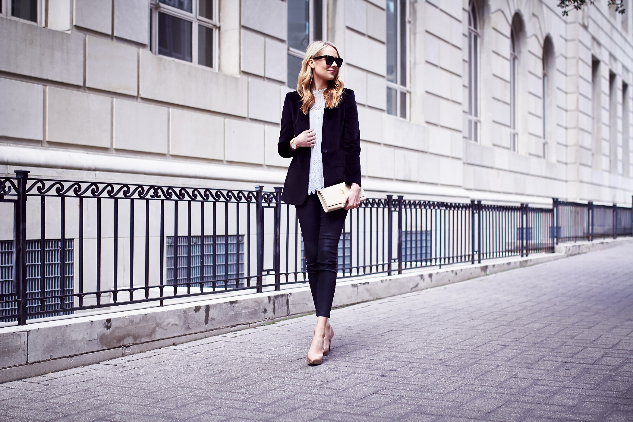 Fall Outfit, Holiday Outfit, White Lace Top, Black Velvet Blazer, Saint Laurent Clutch, Black Skinny Jeans, Nude Pumps