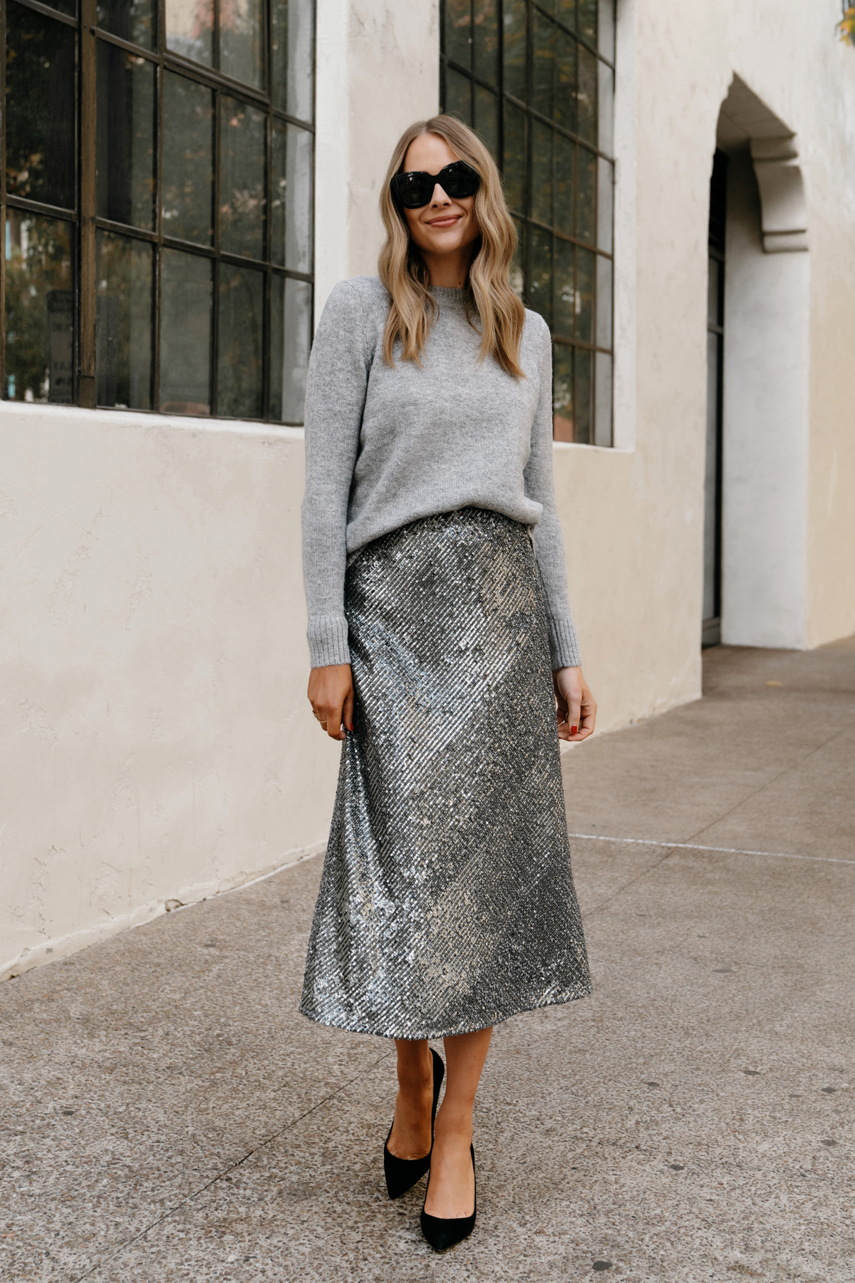 Fashion Jackson Wearing Ann Taylor Silver Sequin Skirt Outfit Grey Sweater Black Pumps Holiday Outfit 1