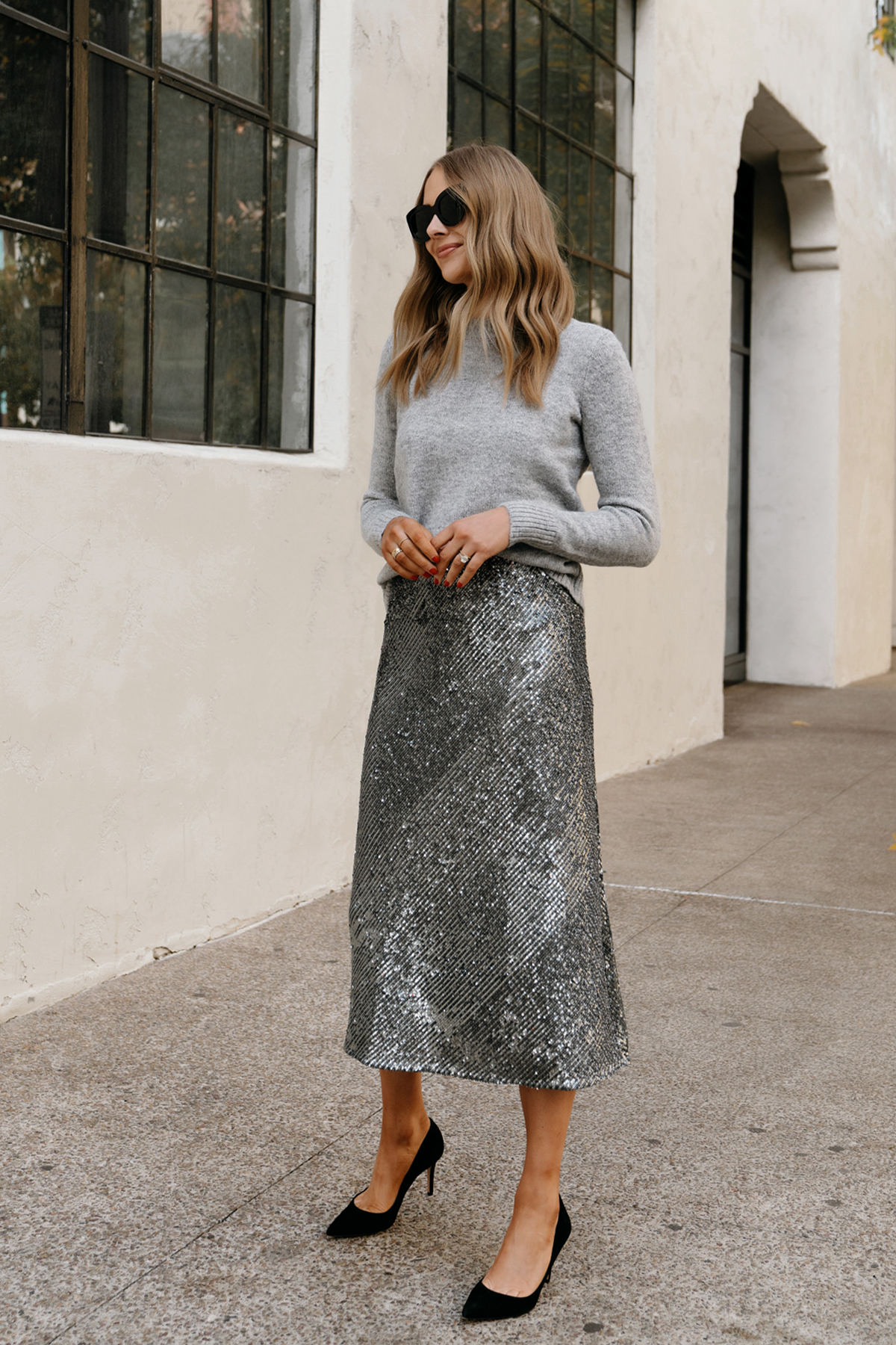 Fashion Jackson Wearing Ann Taylor Silver Sequin Skirt Outfit Grey Sweater Black Pumps Holiday Outfit 2