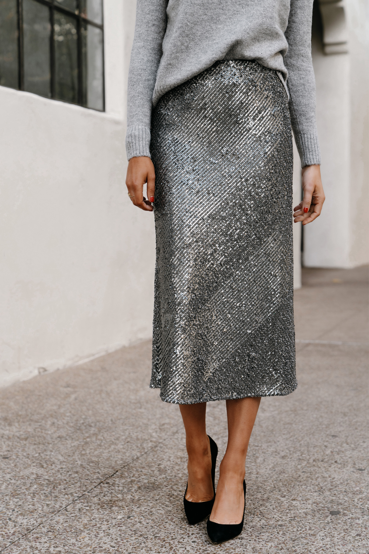 Fashion Jackson Wearing Ann Taylor Silver Sequin Skirt Outfit Grey Sweater Black Pumps