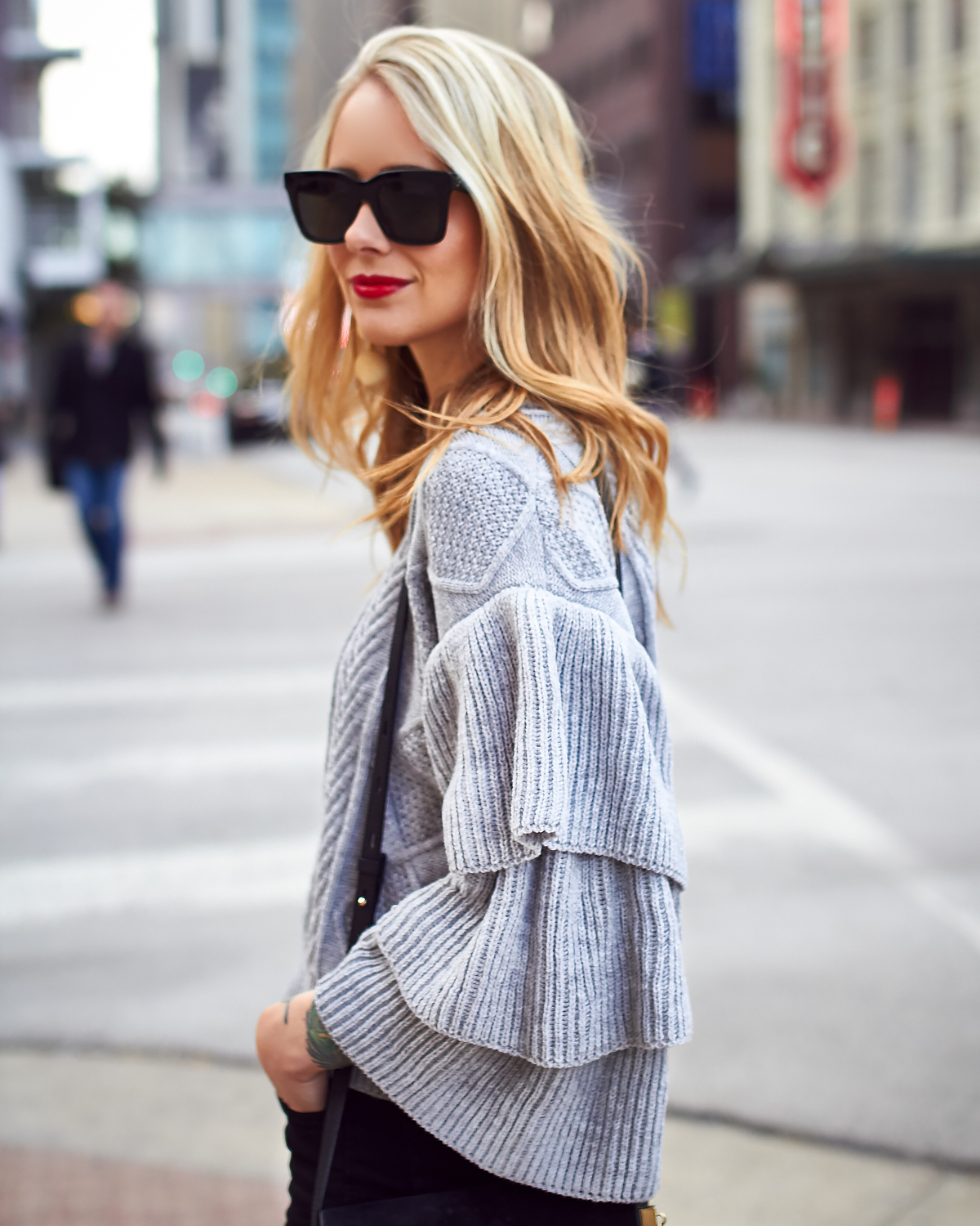 Fall Outfit, Winter Outfit, Grey Ruffle Sleeve Sweater, BonBon Earrings, Black Celine Sunglasses, Red Lipstick