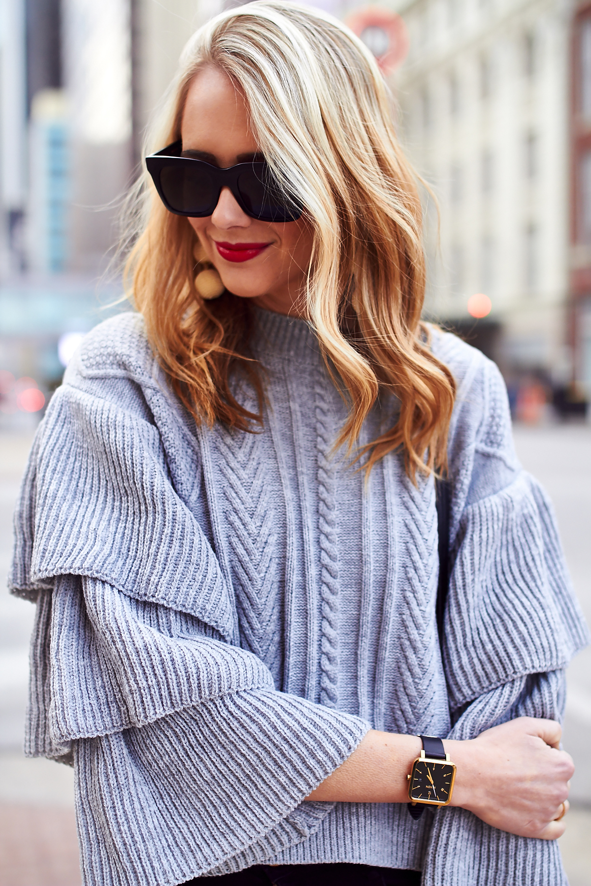 Fall Outfit, Winter Outfit, Grey Ruffle Sleeve Sweater, BonBon Earrings, Black Celine Sunglasses, Red Lipstick