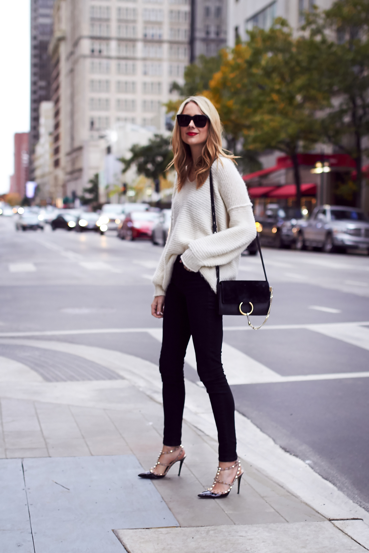 Fall Outfit, Winter Outfit, Ivory Sweater, Black Skinny Jeans, Valentino Rockstud Pumps, Chloe Faye Handbag, Red Lipstick