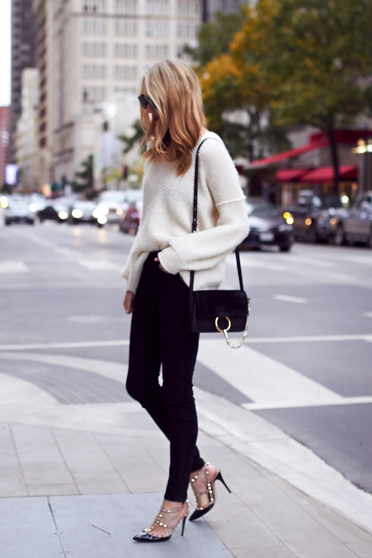 Fall Outfit, Winter Outfit, Ivory Sweater, Black Skinny Jeans, Valentino Rockstud Pumps, Chloe Faye Handbag, Red Lipstick