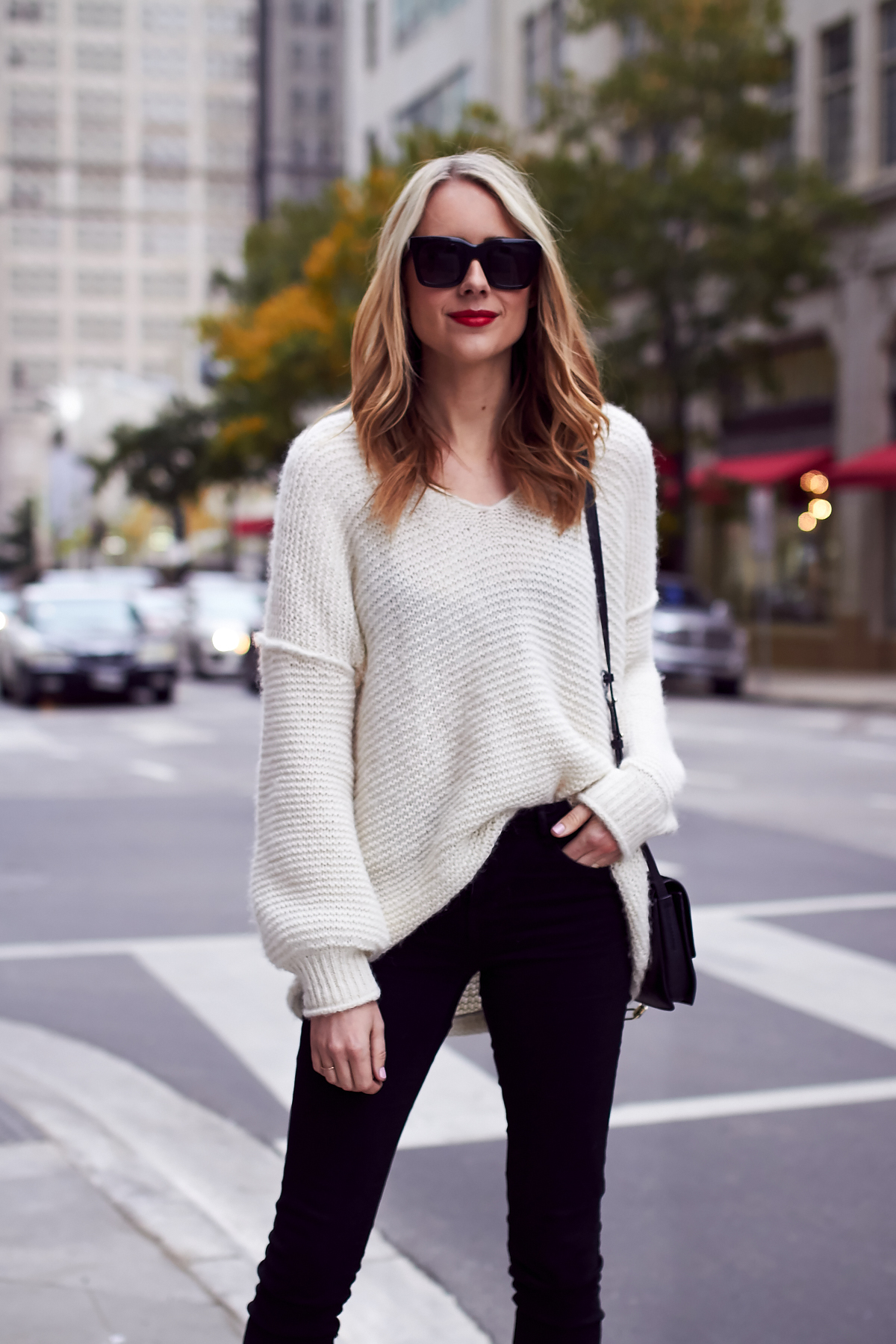 Fall Outfit, Winter Outfit, Ivory Sweater, Black Skinny Jeans, Chloe Faye Handbag, Red Lipstick