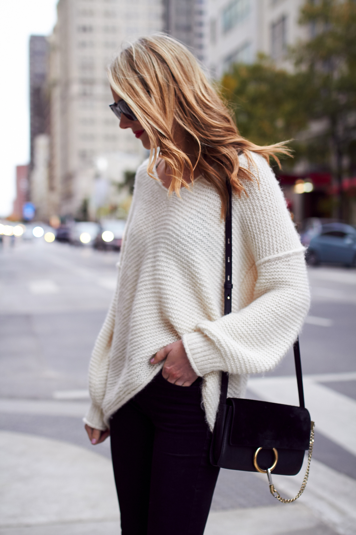 Fall Outfit, Winter Outfit, Ivory Sweater, Black Skinny Jeans, Chloe Faye Handbag