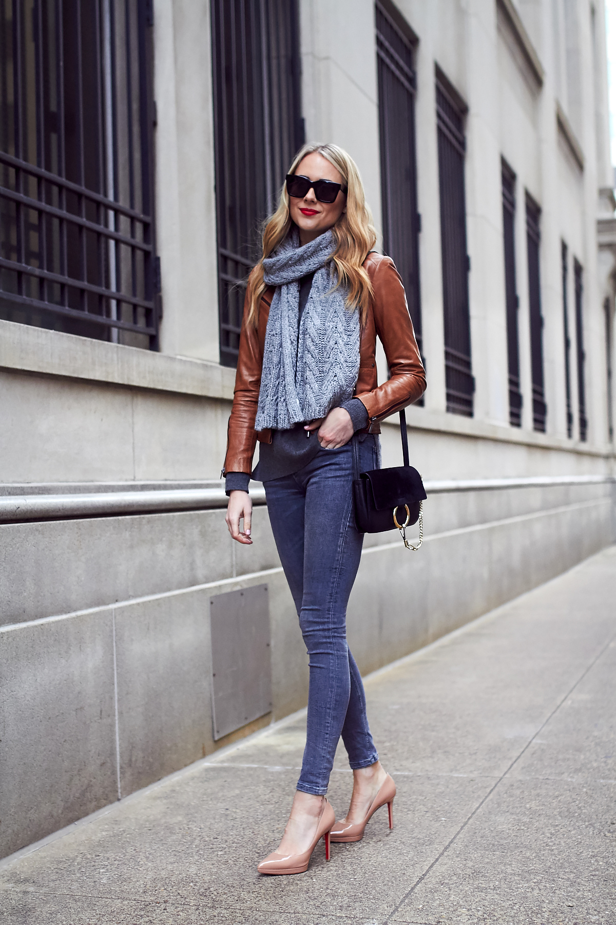 Fall Outfit, Winter Outfit, Grey Knit Scarf, Tan Faux Leather Jacket, Grey Skinny Jeans, Nude Pumps