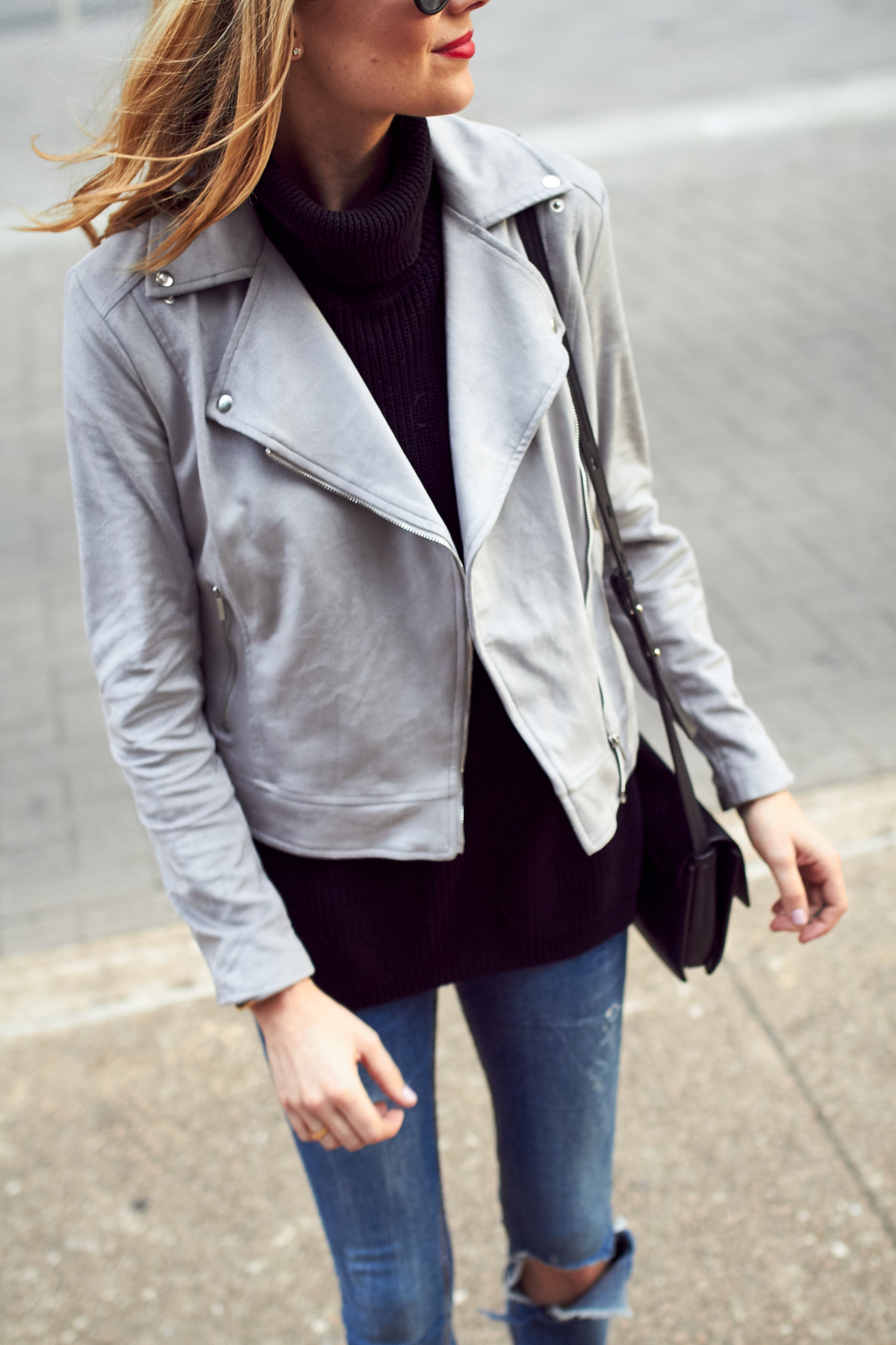 Fall Outfit, Grey Suede Moto Jacket, Black Turtleneck Sweater, Denim Ripped Skinny Jeans