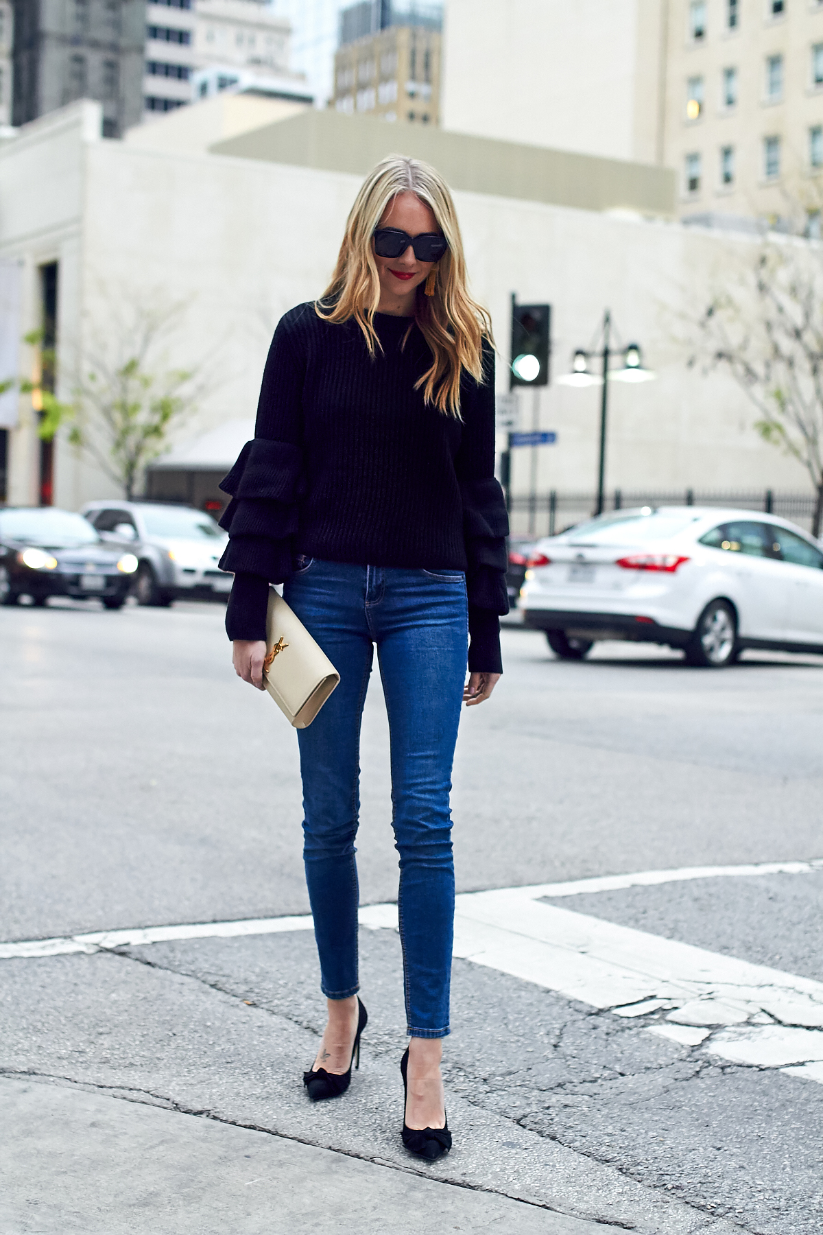 Fall Outfit, Winter Outfit, Ruffle Sleeve Sweater, Denim Skinny Jeans, Black Bow Pumps, Red Lipstick, Saint Laurent Clutch