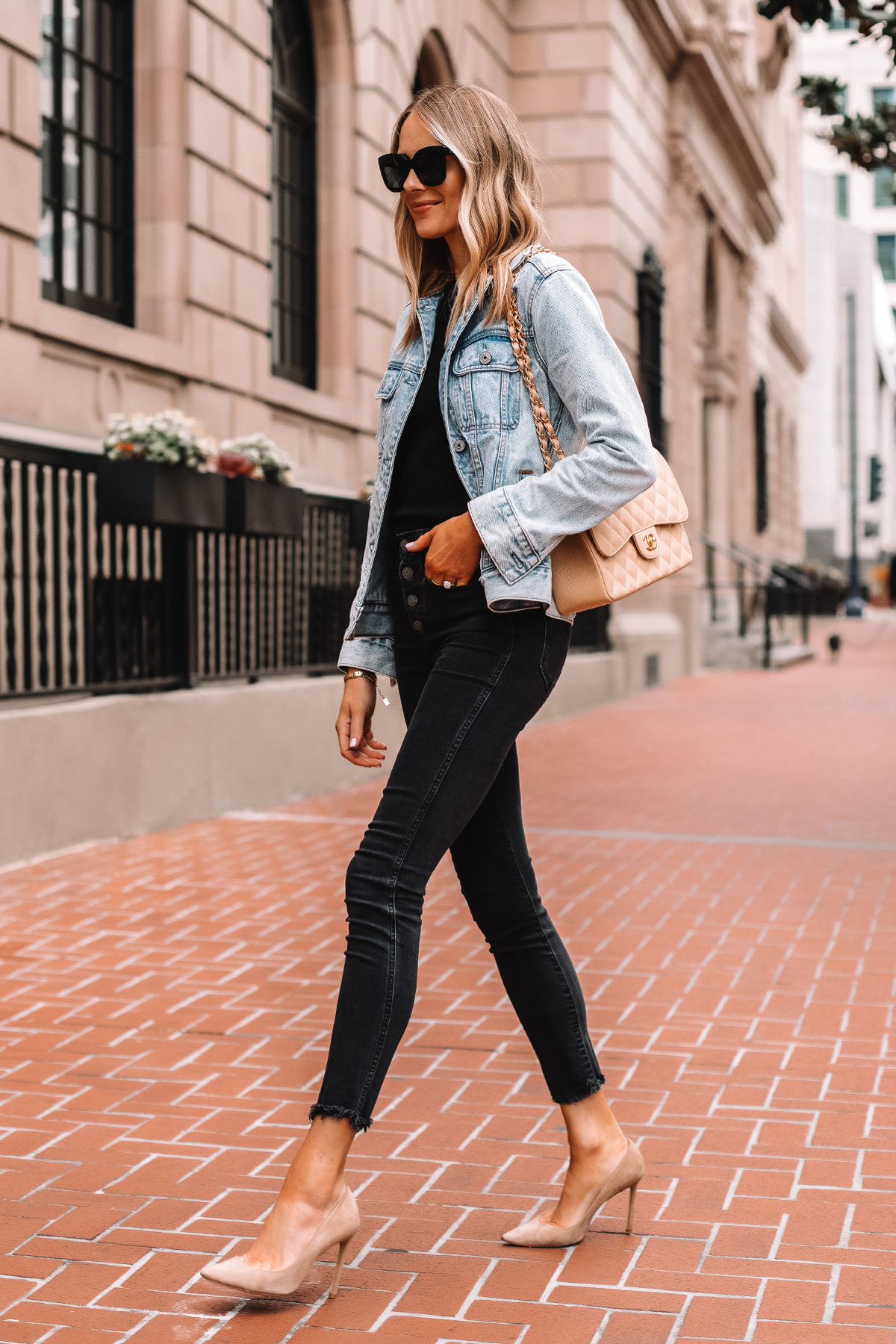 Fashion Jackson Wearing Denim Jacket Black Raw Hem Skinny Jeans Nude Pumps Chanel Jumbo Beige Clair Handbag 1