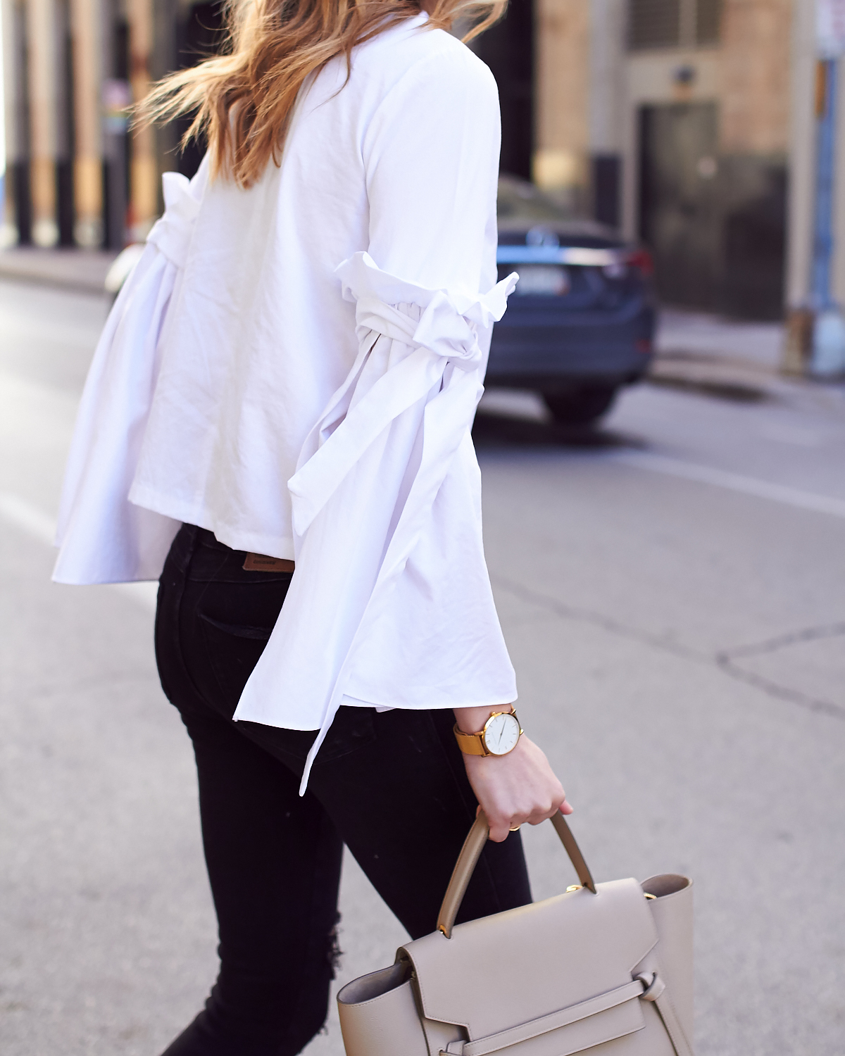 Fall Outfit, White Ruffle Sleeve Top, Black Ripped Skinny Jeans, Celine Tie Belt Bag