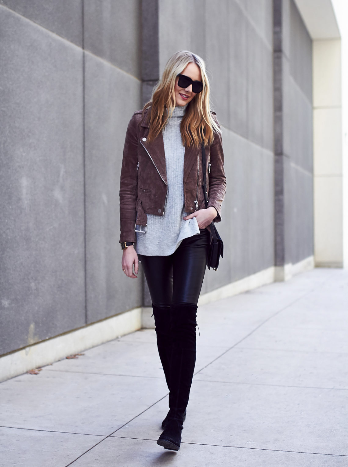 Fall Outfit, Brown Suede Moto Jacket, Grey Sweater, Stuart Weitzman Lowland Black Boots