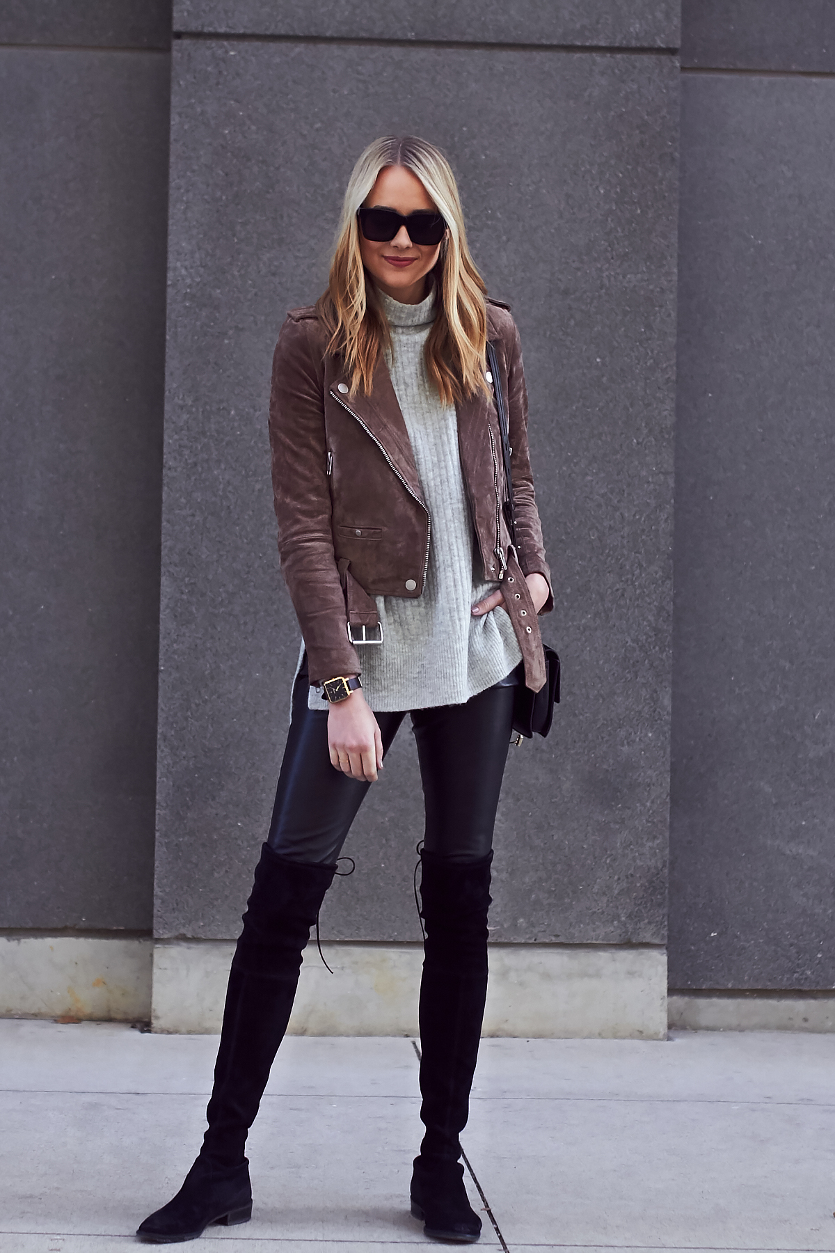 Fall Outfit, Brown Suede Moto Jacket, Grey Sweater, Stuart Weitzman Lowland Black Boots