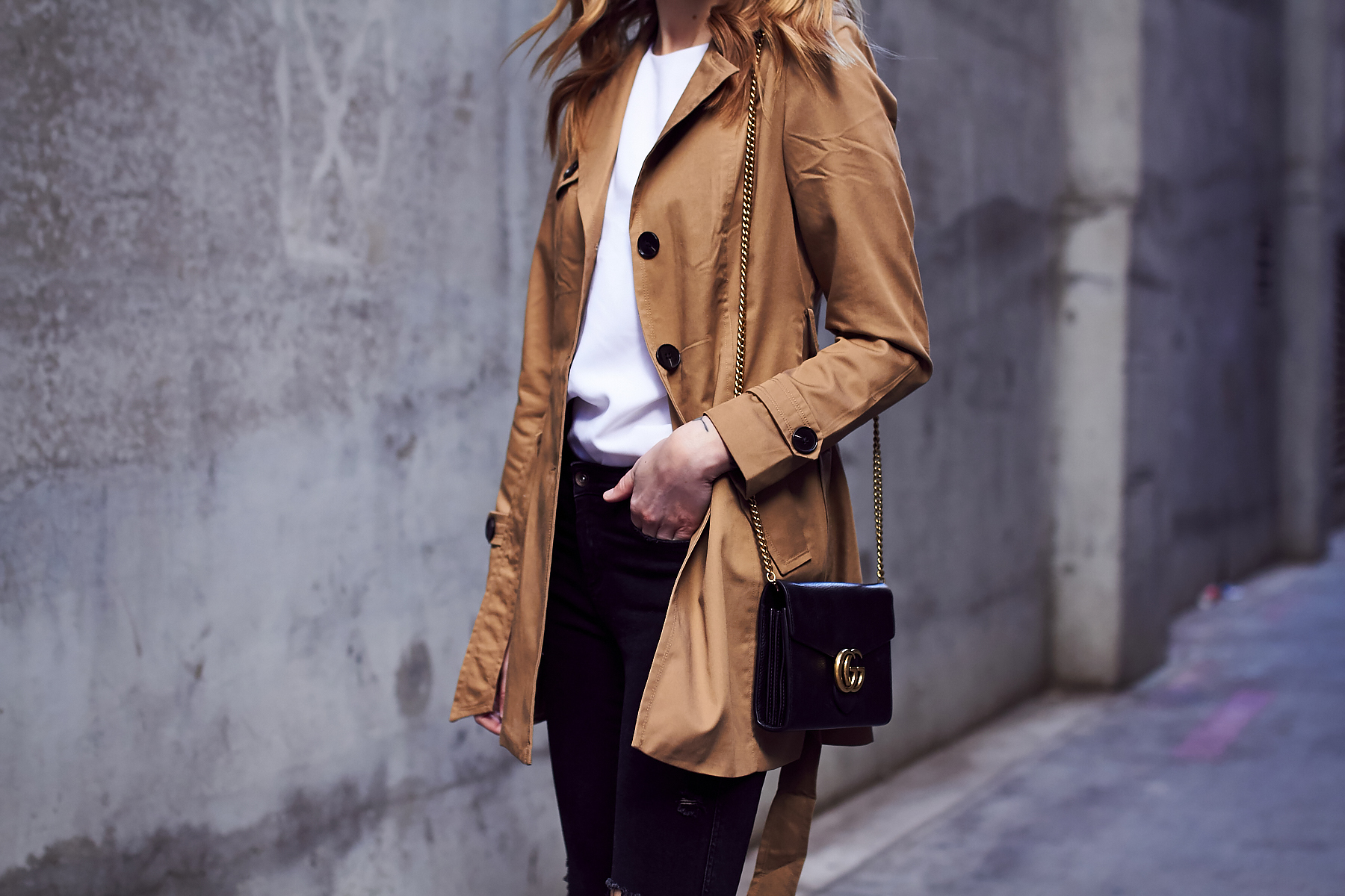 Fall Outfit, Spring Outfit, Trench Coat, Black Ripped Skinny Jeans, Gucci Marmont Handbag