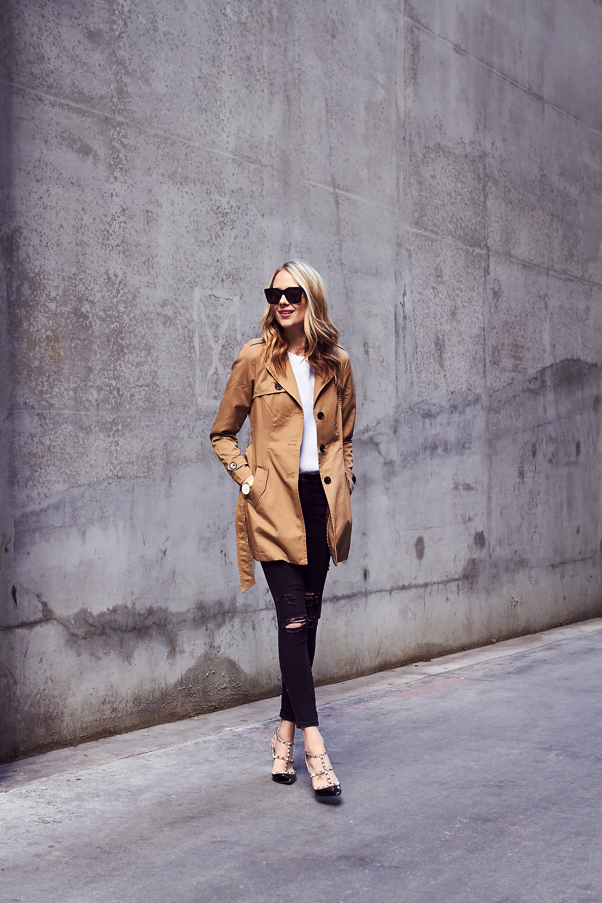 Fall Outfit, Spring Outfit, Trench Coat, Black Ripped Skinny Jeans, Valentino Rockstud Pumps