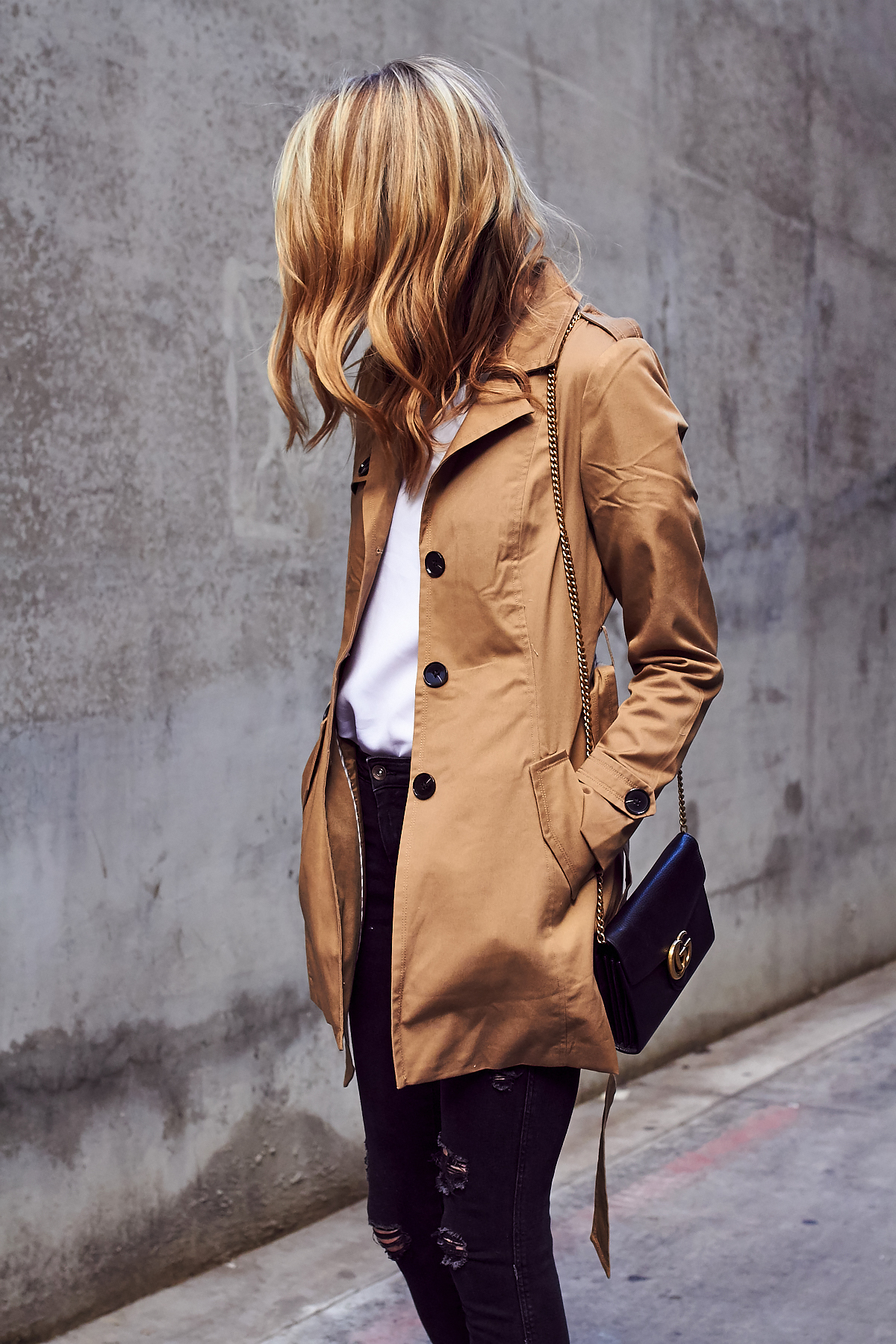 Fall Outfit, Spring Outfit, Trench Coat, Black Ripped Skinny Jeans, Gucci Marmont Handbag