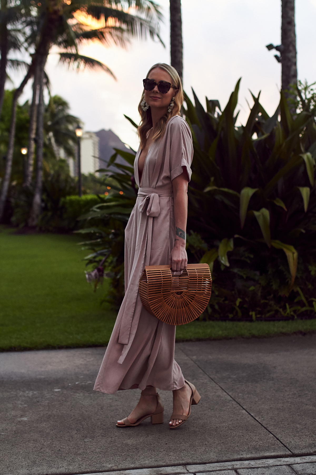 Summer Outfit, Beach Vacation, Tropical Vacation, Mara Hoffman Pink Jumpsuit, Cult Gaia Handbag