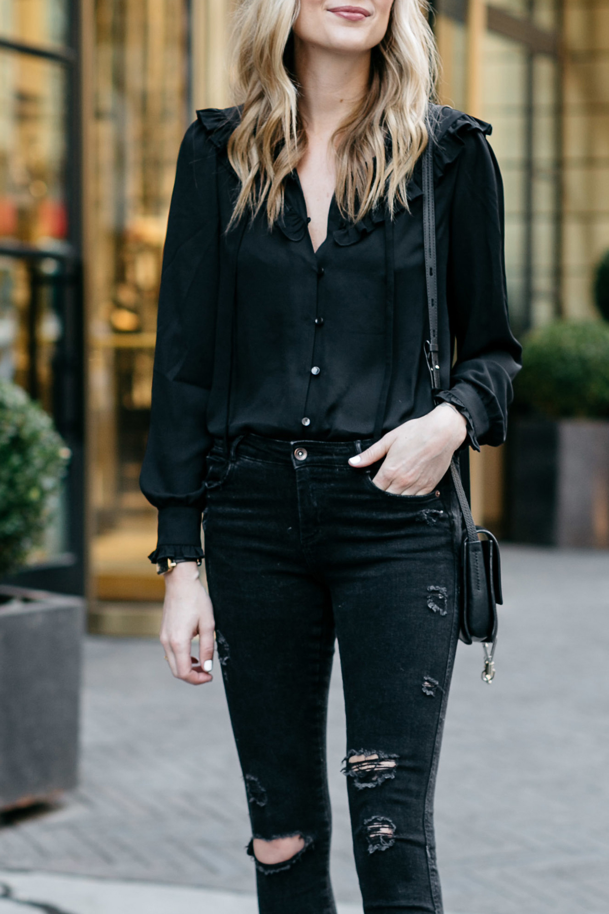 Fall Outfit, Winter Outfit, Black Ruffle Long Sleeve Blouse, Black Ripped Skinny Jeans