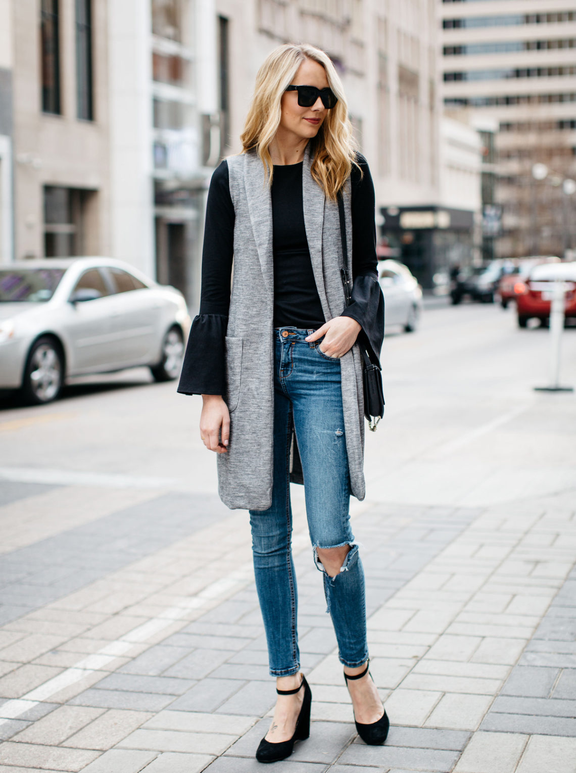 Fall Outfit, Winter Outfit, Long Grey Vest, Black Bell Sleeve Top, Chloe Faye Handbag, Denim Ripped Skinny Jeans, Black Ankle Strap Pumps