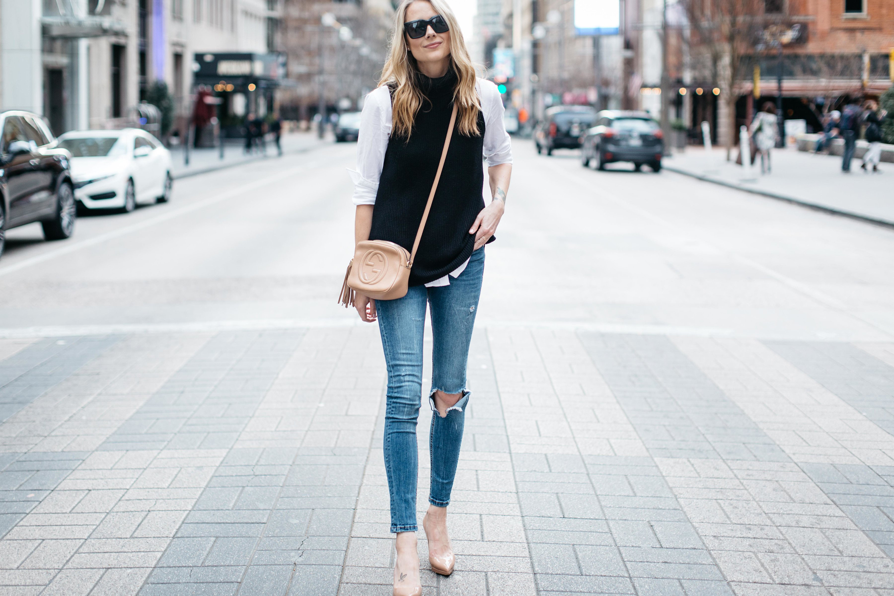 Fall Outfit, Winter Outfit, White Button Down Shirt, Black Sleeveless Turtleneck Sweater, Denim Ripped Skinny Jeans, Gucci Soho Handbag, Nude Pumps