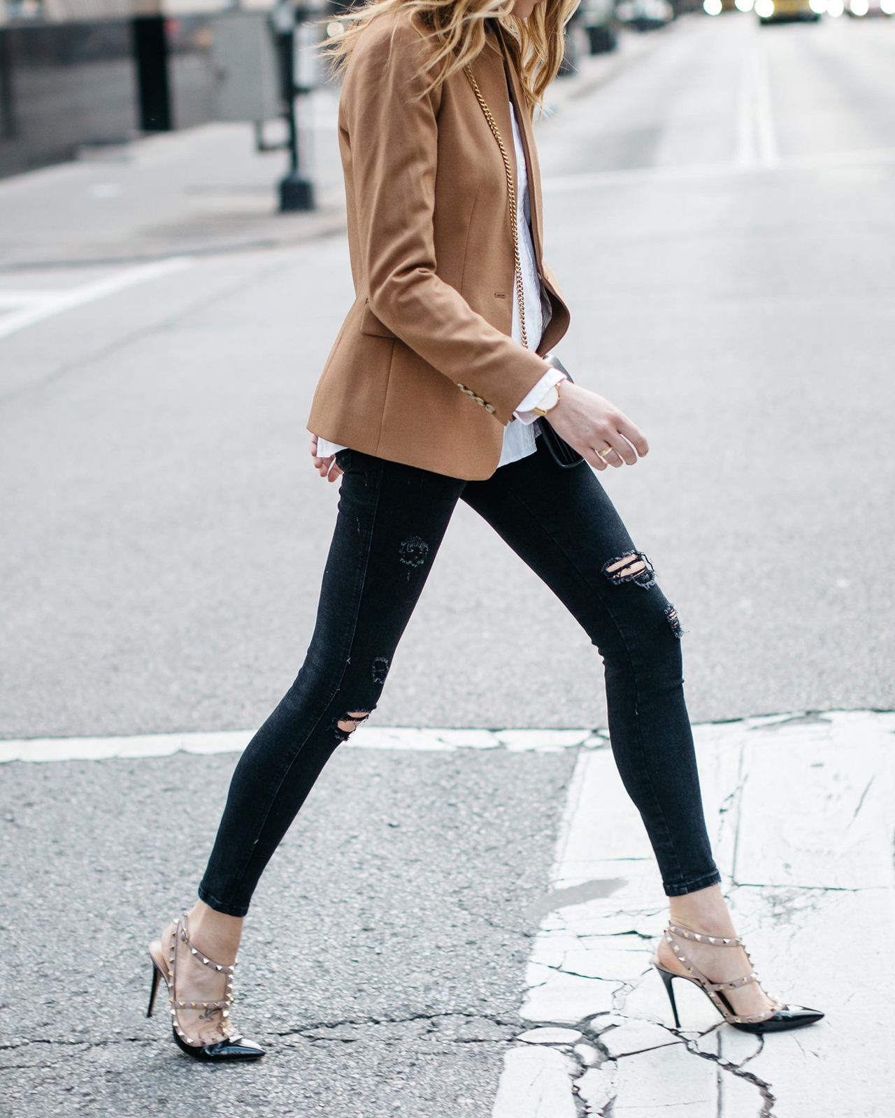Fall Outfit, Winter Outfit, White Button-Down Shirt, Camel Blazer, Gucci Marmont Handbag, Black Ripped Skinny Jeans, Valentino Rockstud Pumps