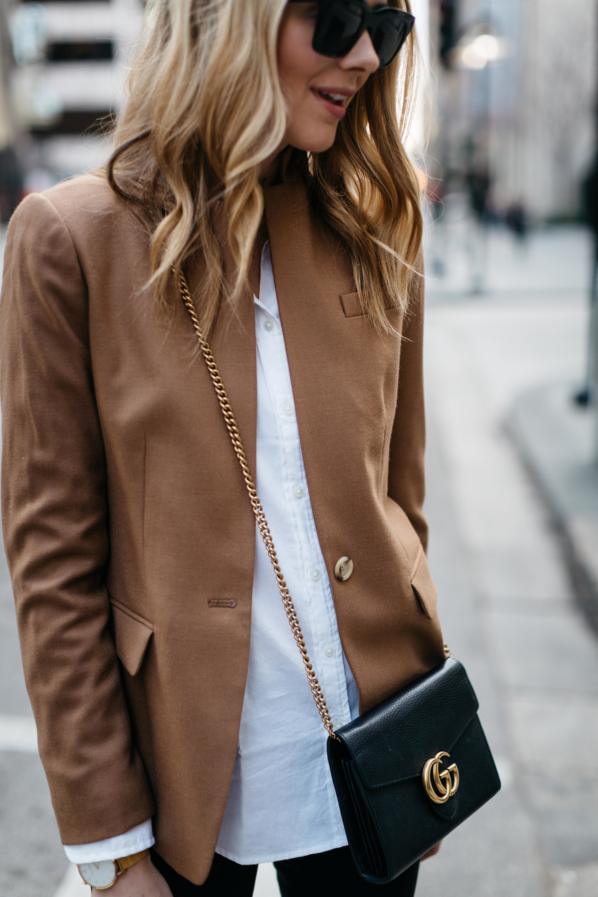Fall Outfit, Winter Outfit, White Button-Down Shirt, Camel Blazer, Gucci Marmont Handbag