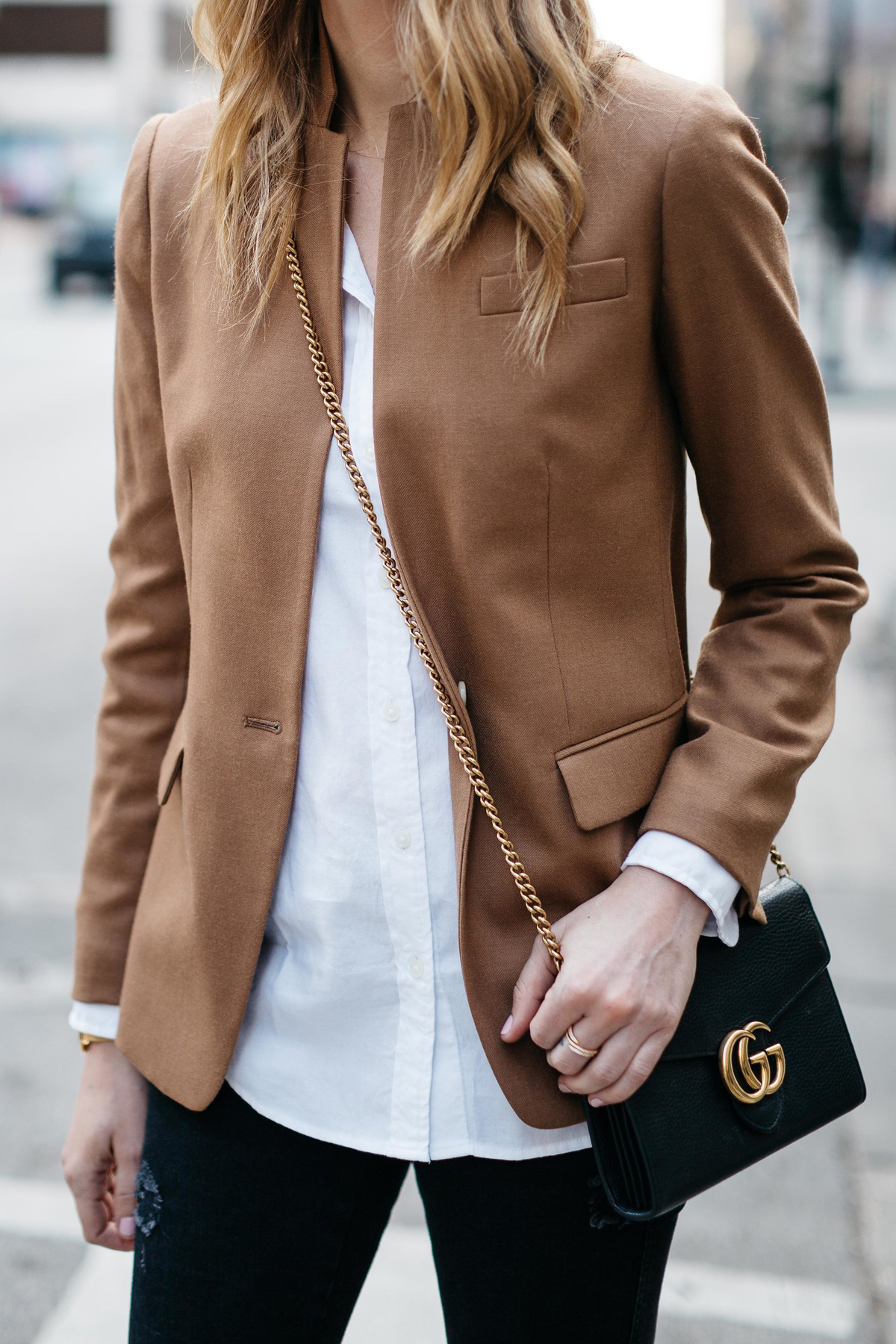 Fall Outfit, Winter Outfit, White Button-Down Shirt, Camel Blazer, Gucci Marmont Handbag