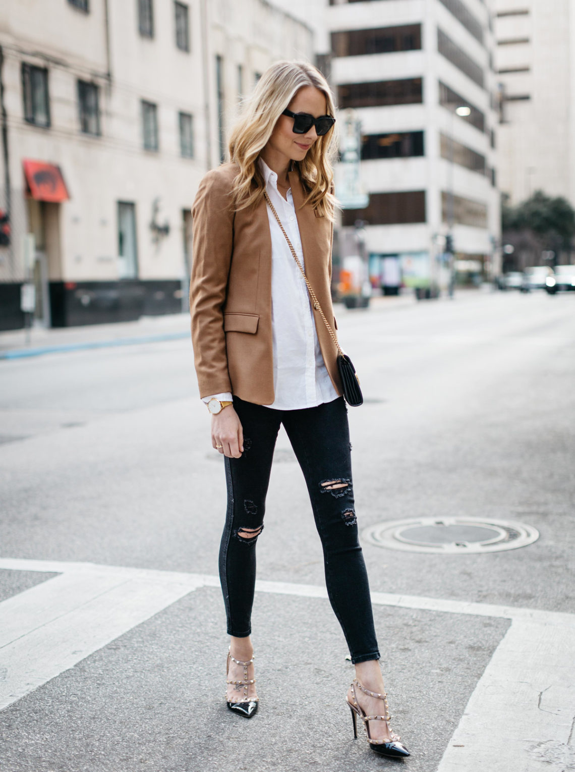 Fall Outfit, Winter Outfit, White Button-Down Shirt, Camel Blazer, Gucci Marmont Handbag, Black Ripped Skinny Jeans, Valentino Rockstud Pumps