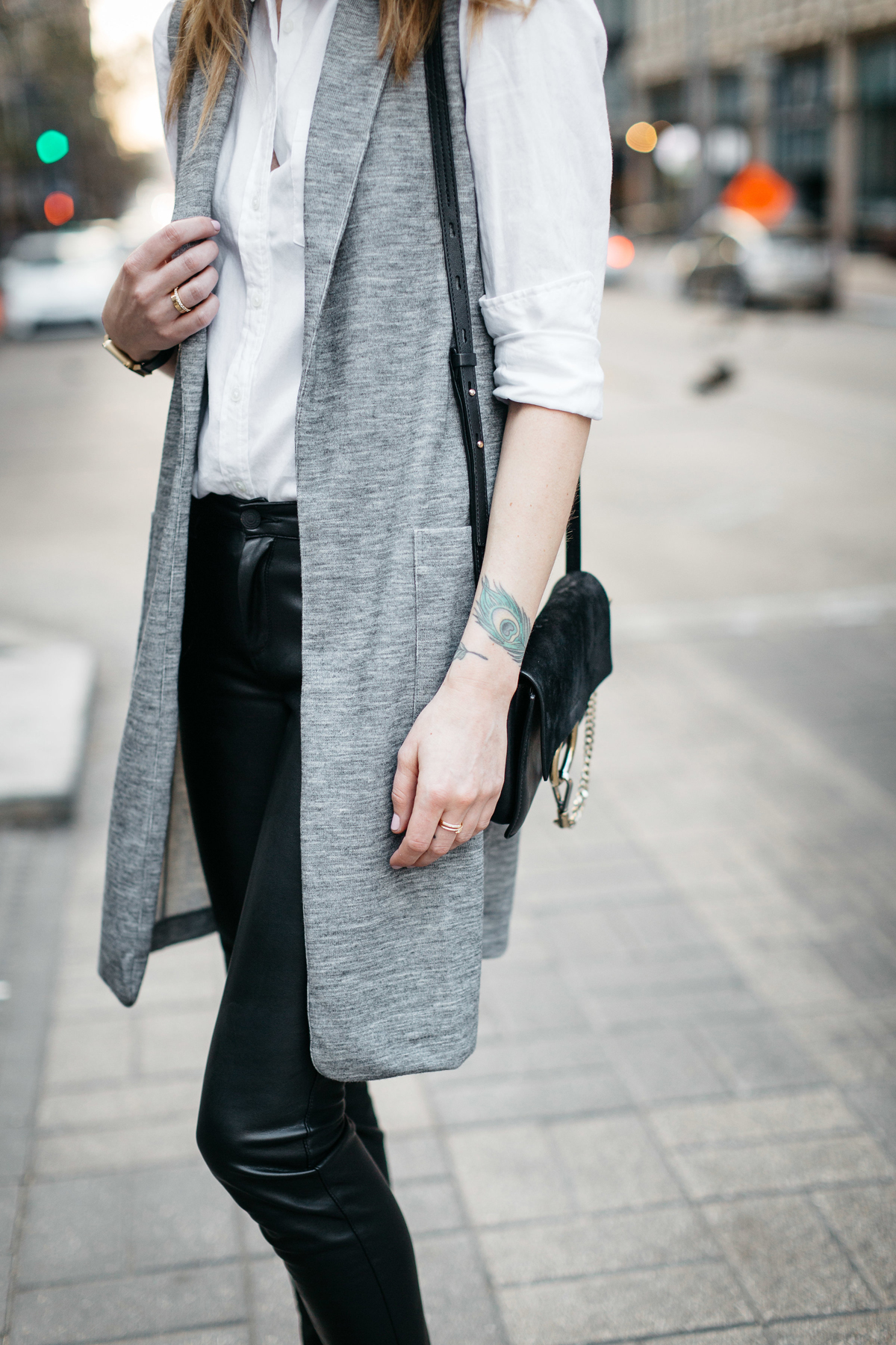Fall Outfit, Winter Outfit, White Button-Down Shirt, Long Grey Vest