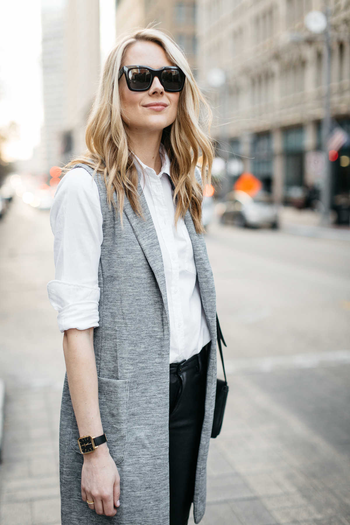 Fall Outfit, Winter Outfit, White Button-Down Shirt, Long Grey Vest