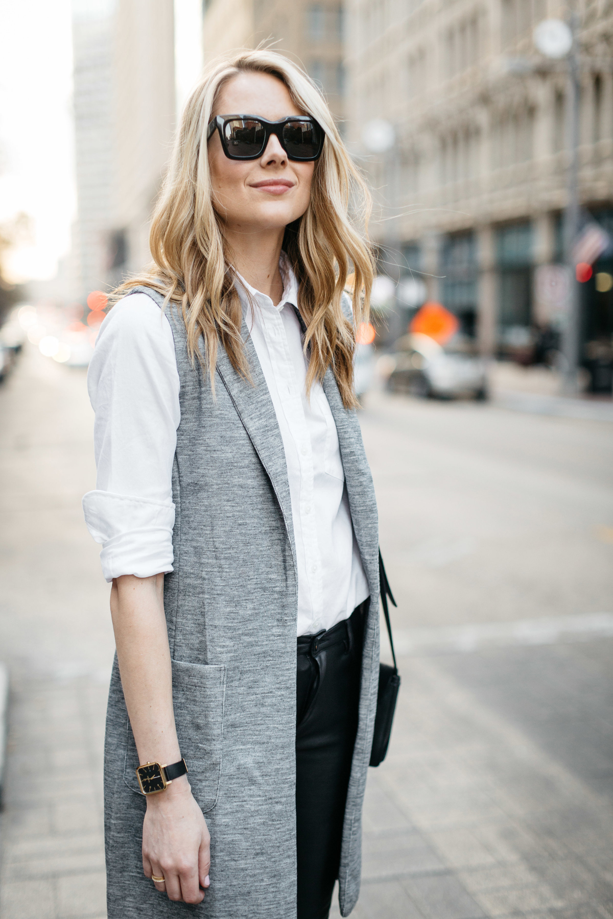 A WHITE BUTTON-DOWN SHIRT & LONG VEST | Fashion Jackson