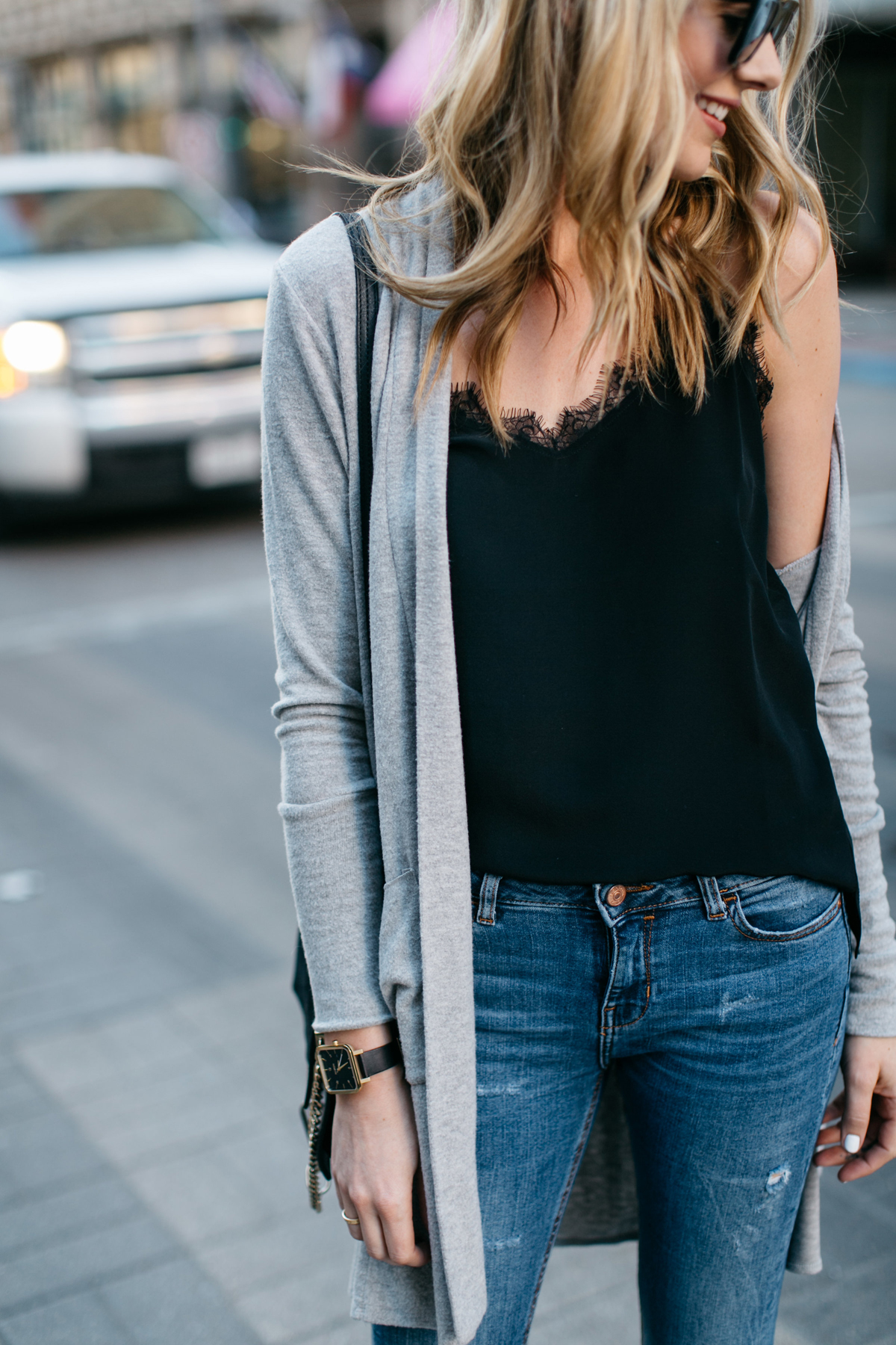 Fall Outfit, Winter Outfit, Anine Bing Black Lace Tank, Grey Long Cardigan, Denim Ripped Skinny Jeans