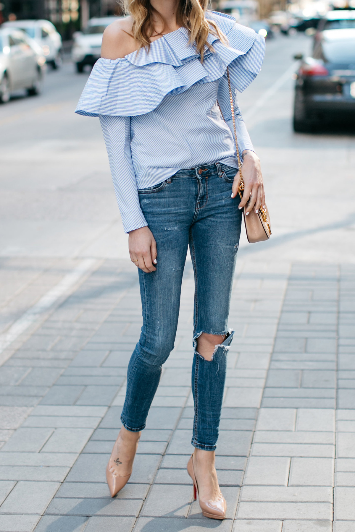 Spring Outfit, One Shoulder Ruffle Sleeve Top, Denim Ripped Skinny Jeans, Chloe Drew Handbag, Christian Louboutin Nude Pumps