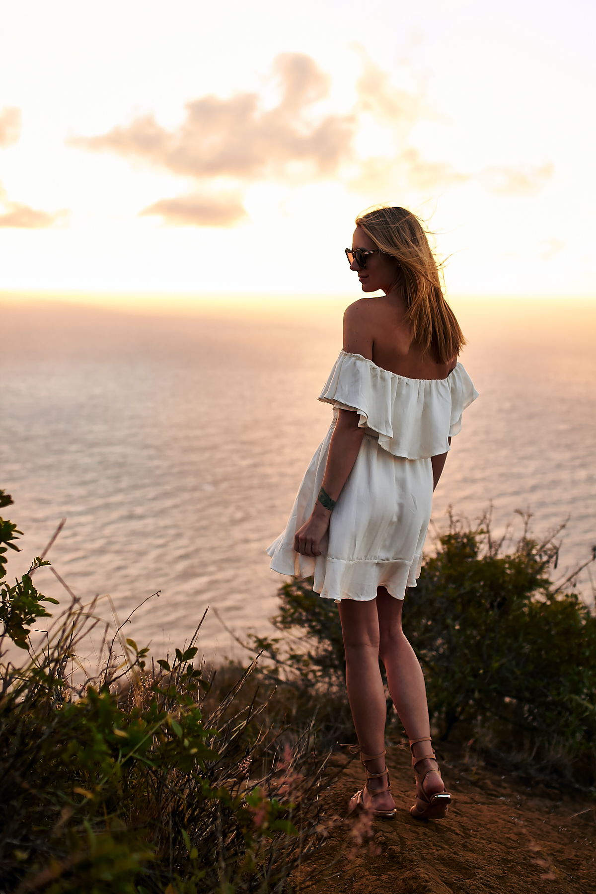 Tropical Vacation, white-off-the-shoulder-dress, Hawaii, Oahu, Koko Head, Sunrise