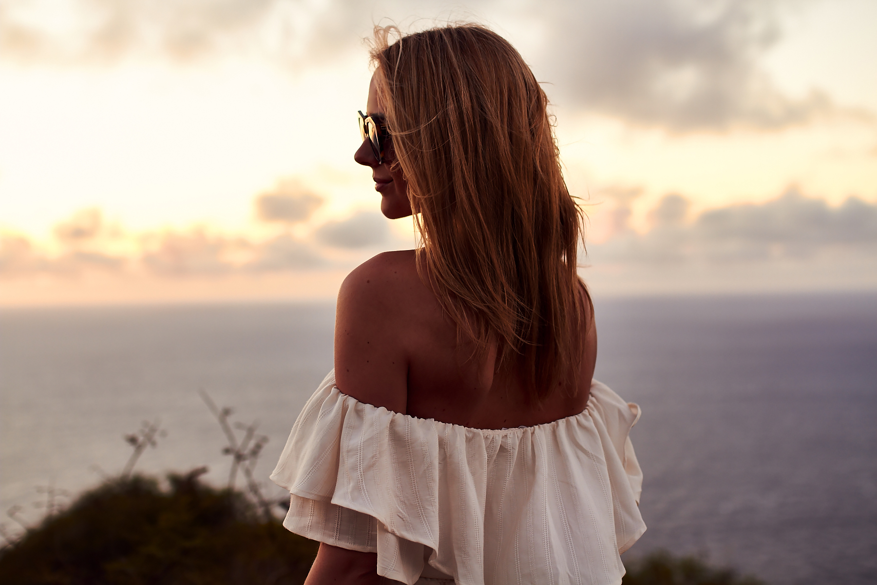 Tropical Vacation, white-off-the-shoulder-dress, Hawaii, Oahu, Koko Head, Sunrise