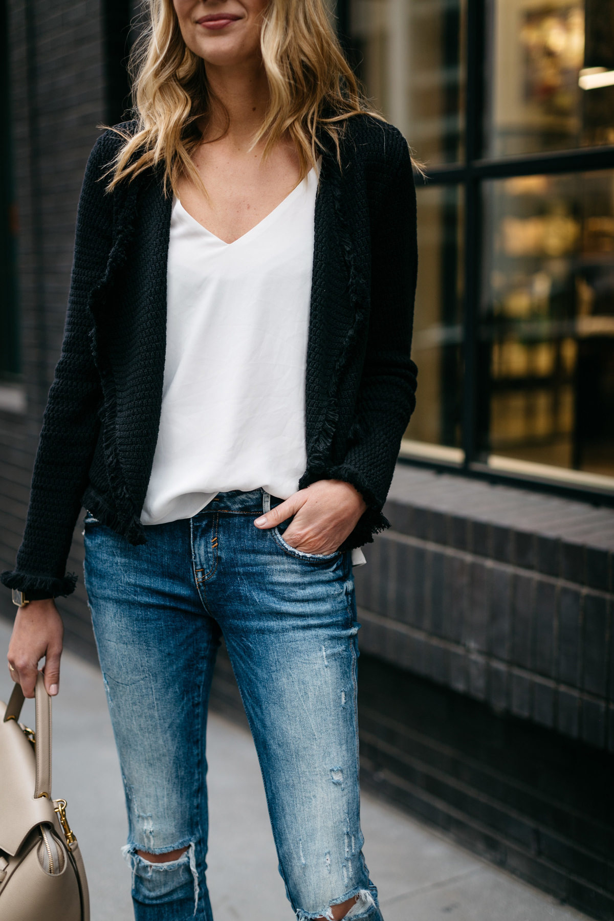 Fall Outfit, Spring Outfit, Black Fringe Cardigan, White Tank, Denim Ripped Skinny Jeans