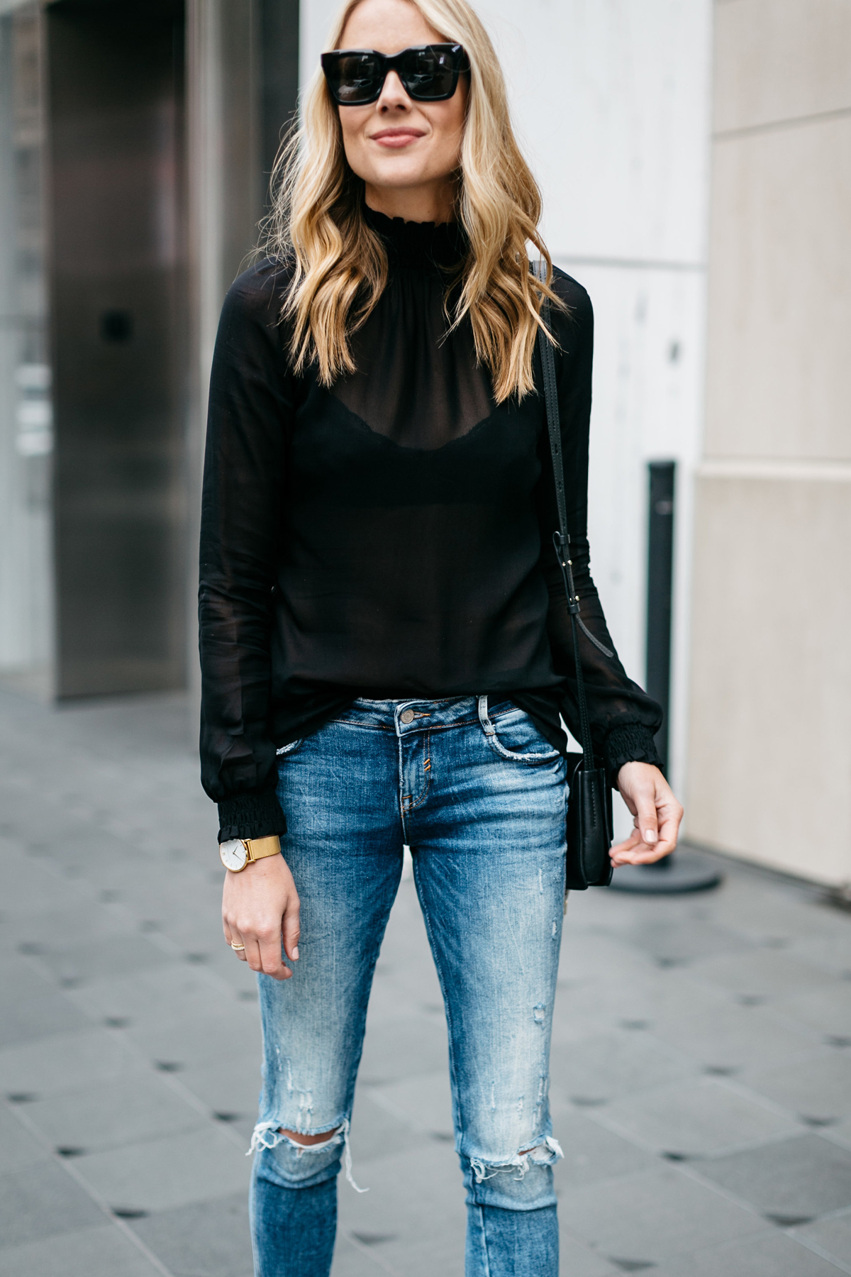 Fall Outfit, Black Long Sleeve Sheer Top, Denim Ripped Skinny Jeans
