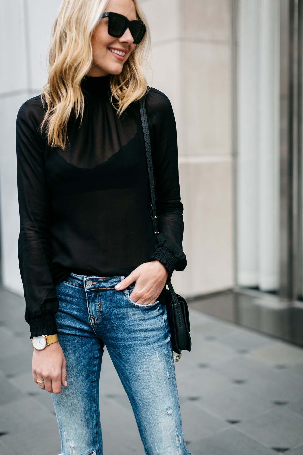 Fall Outfit, Black Long Sleeve Sheer Top, Denim Ripped Skinny Jeans
