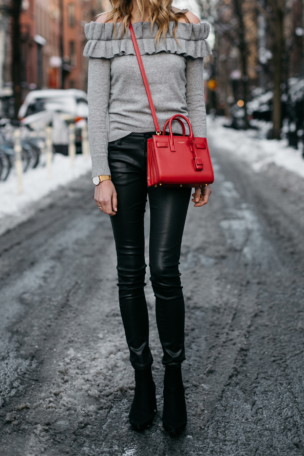 NYFW Fall/Winter 2017, Streetstyle, Club Monaco Grey Ruffle Off-the-Shoulder Sweater, Black Faux Leather Pants, Saint Laurent Sac de Jour Red, Black Ankle Booties