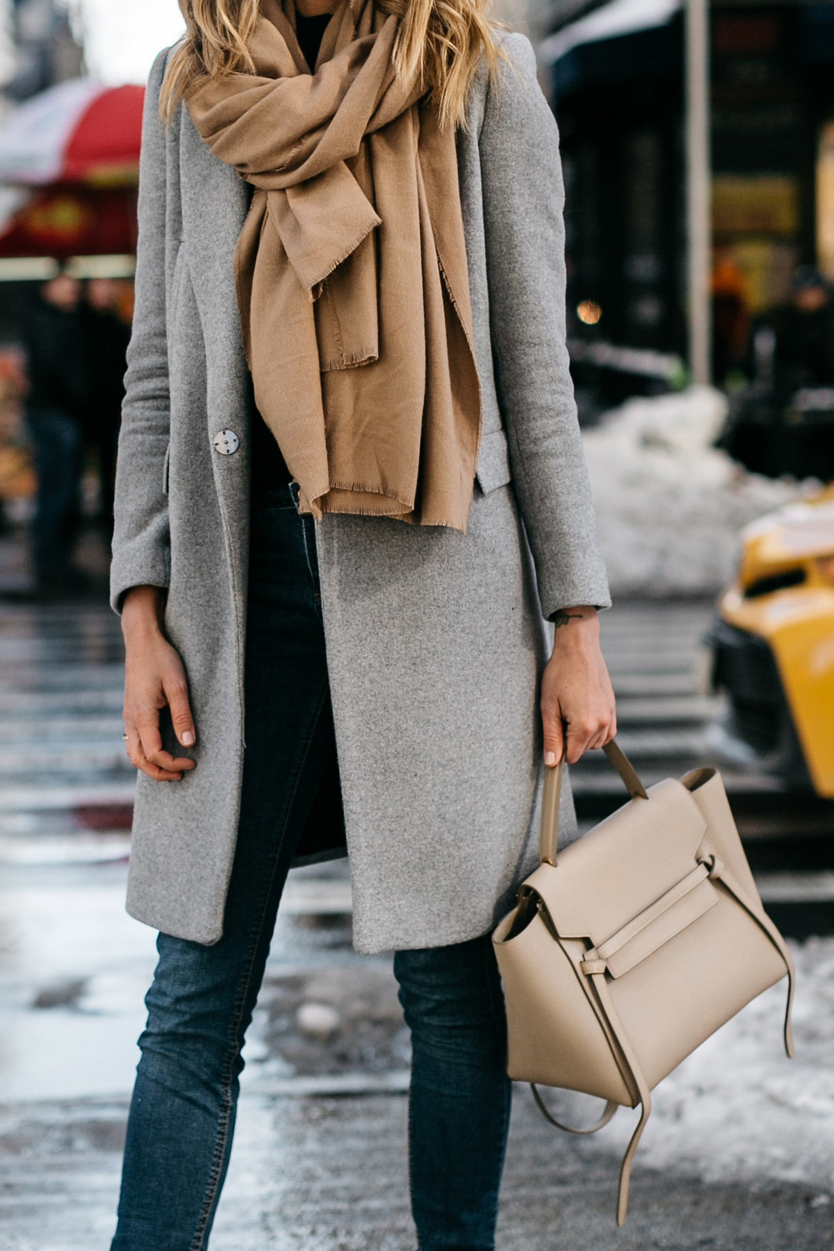 NYFW Fall/Winter 2017, Street Style, Grey Coat, Tan Blanket Scarf, Denim Skinny Jeans, Celine Tie Handbag