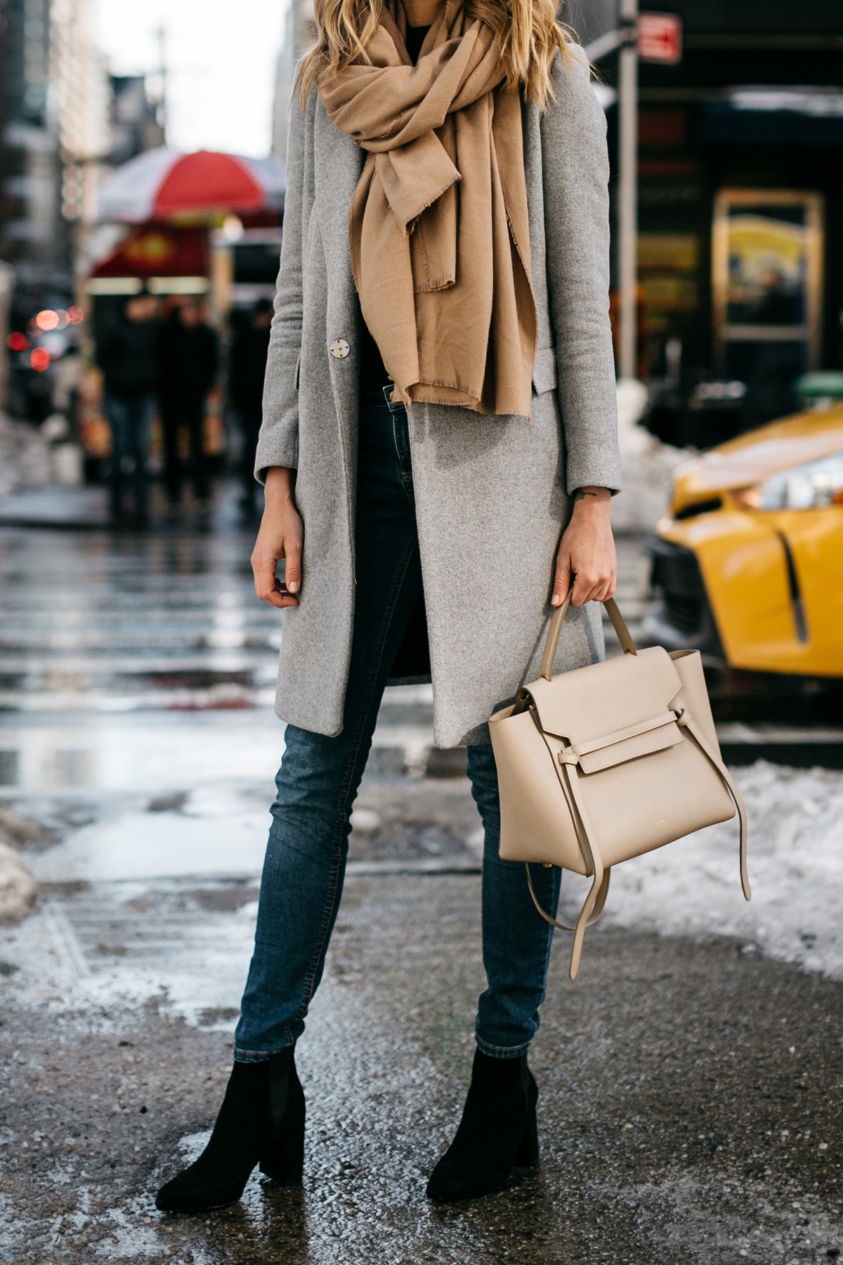 NYFW Fall/Winter 2017, Street Style, Grey Coat, Tan Blanket Scarf, Denim Skinny Jeans, Celine Tie Handbag, Black Ankle Booties