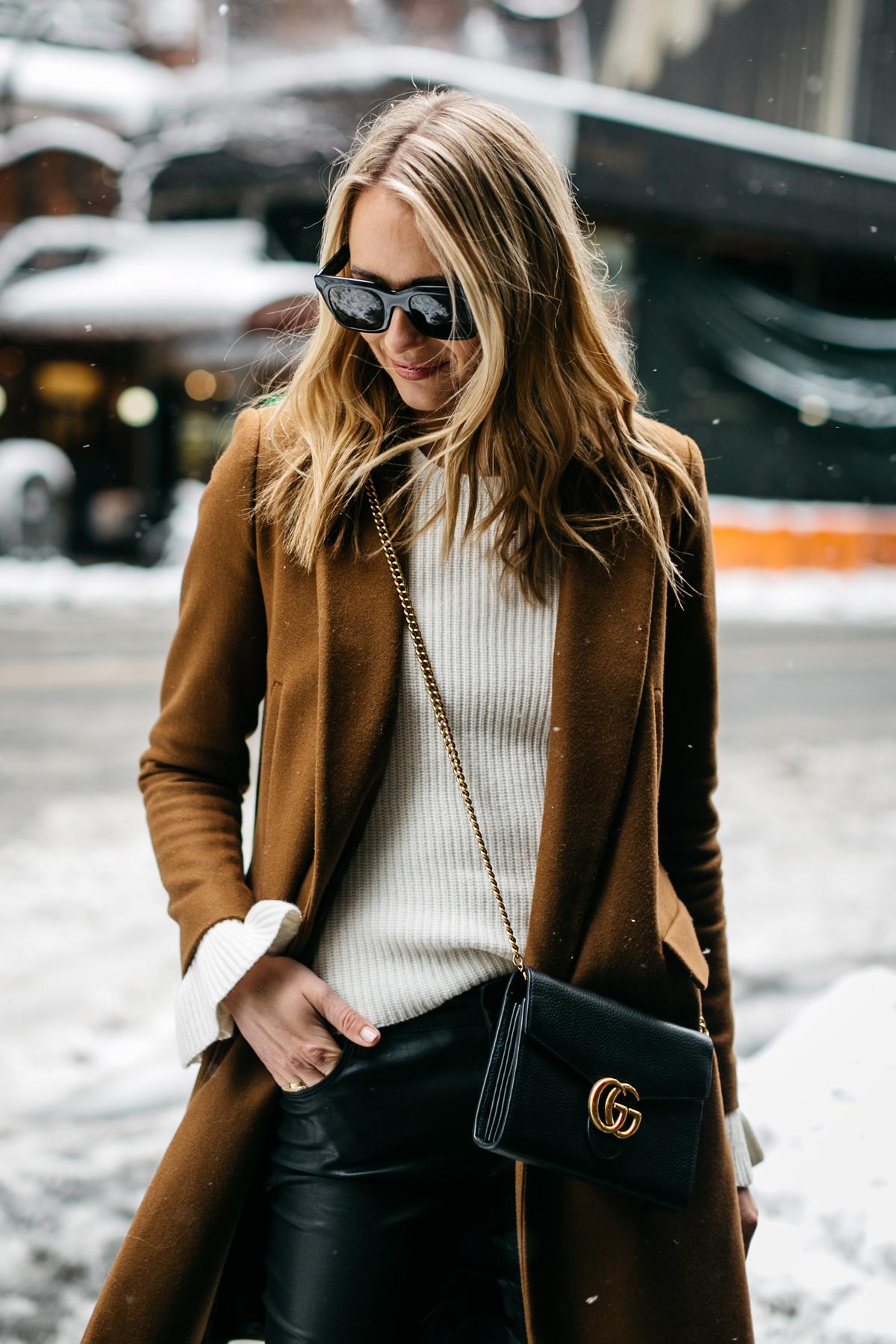 All Saints Leather Jacket Wool Dress Scarf Black Bag Sunglasses Tall Boots  SOHO Nyc Winter OOTD 1 15 - Olivia Jeanette