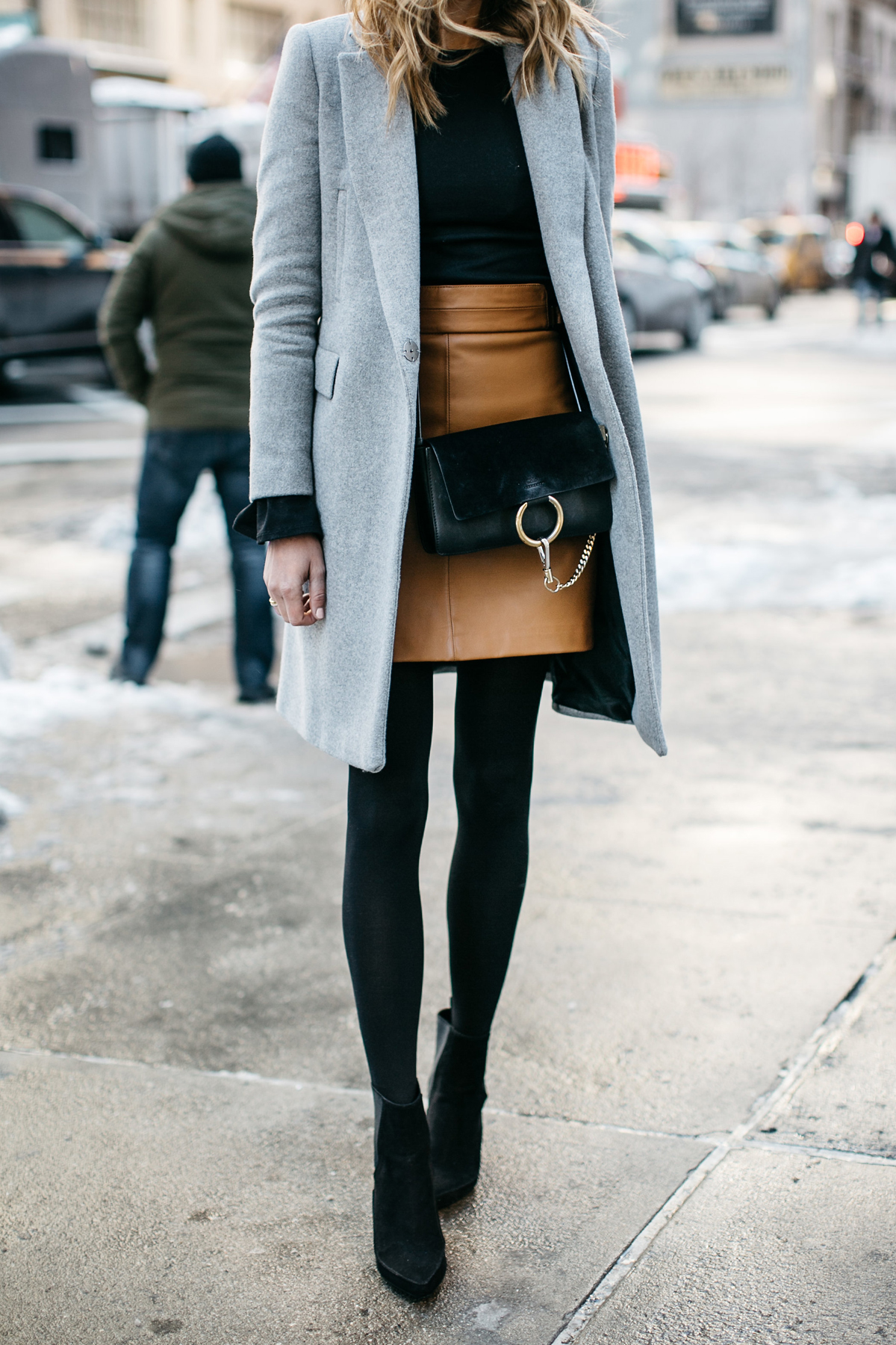 NYFW Street Style, Grey Coat, Tan Skirt, Chloe Faye Handbag, Black Booties