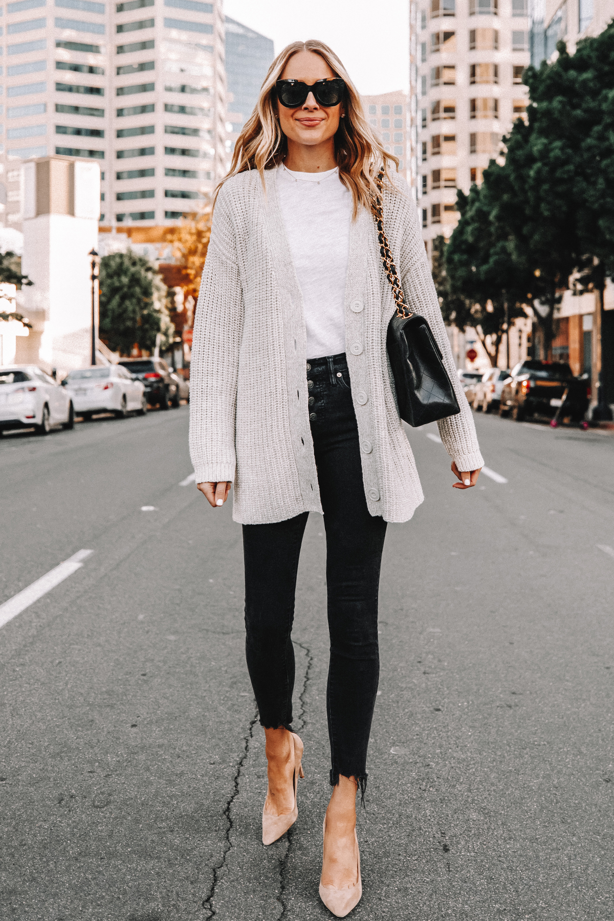 Styling a Chunky Cardigan With My Favorite White T Shirt Jeans and Heels Fashion Jackson