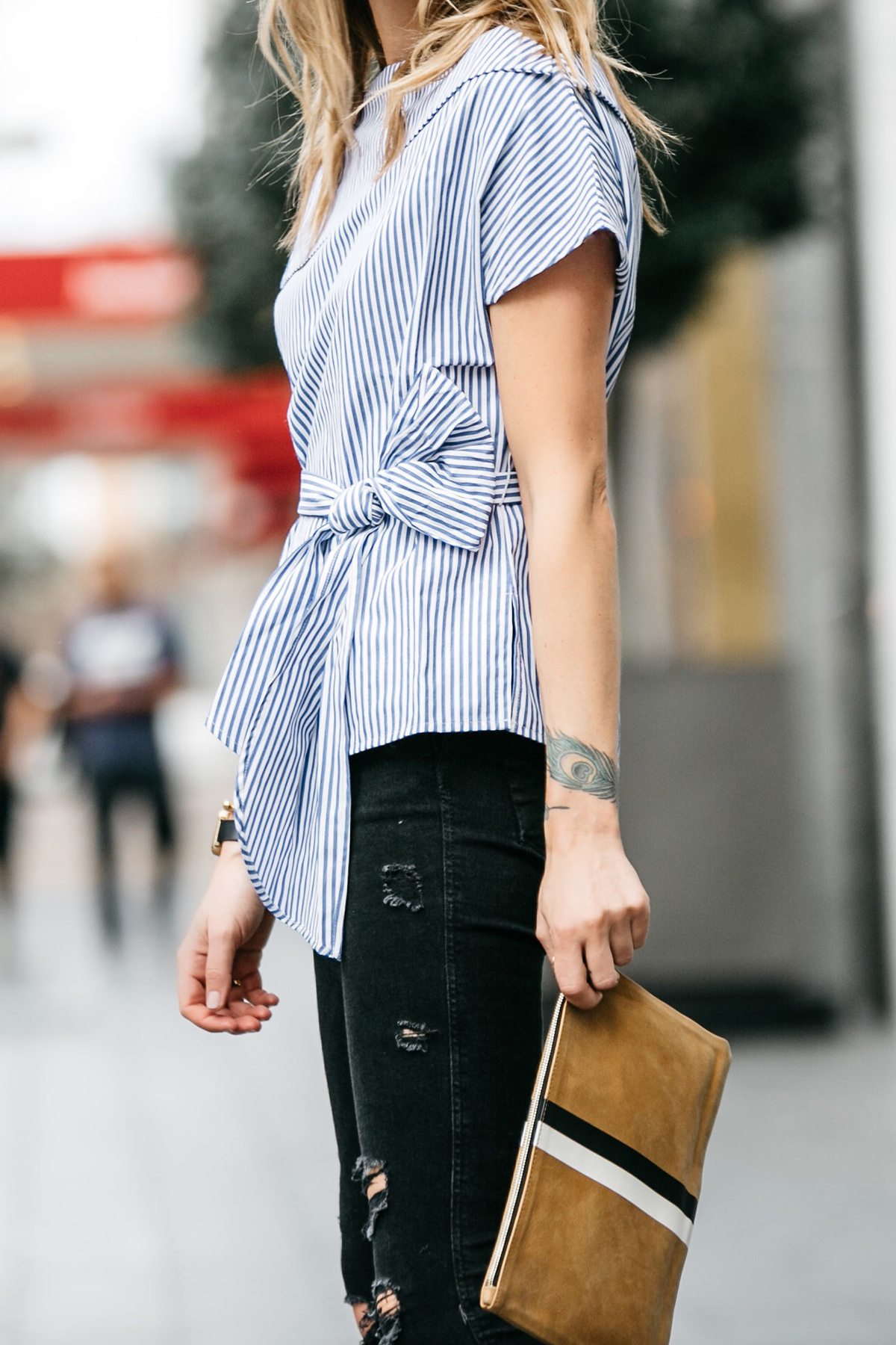 Fashion Jackson, Dallas Blogger, Street Style, Blue & White Stripe Off-the-Shoulder Top, Black Ripped Skinny Jeans, Clare V Stripe Flat Clutch